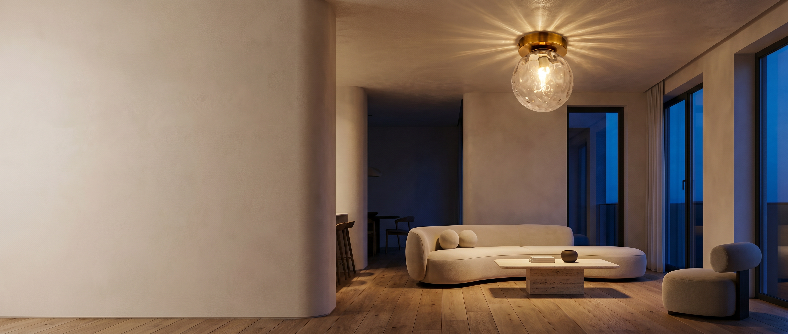 Rugiada Dorata brass dimpled-glass flush mount lit in a serene modern living space — widescreen banner
