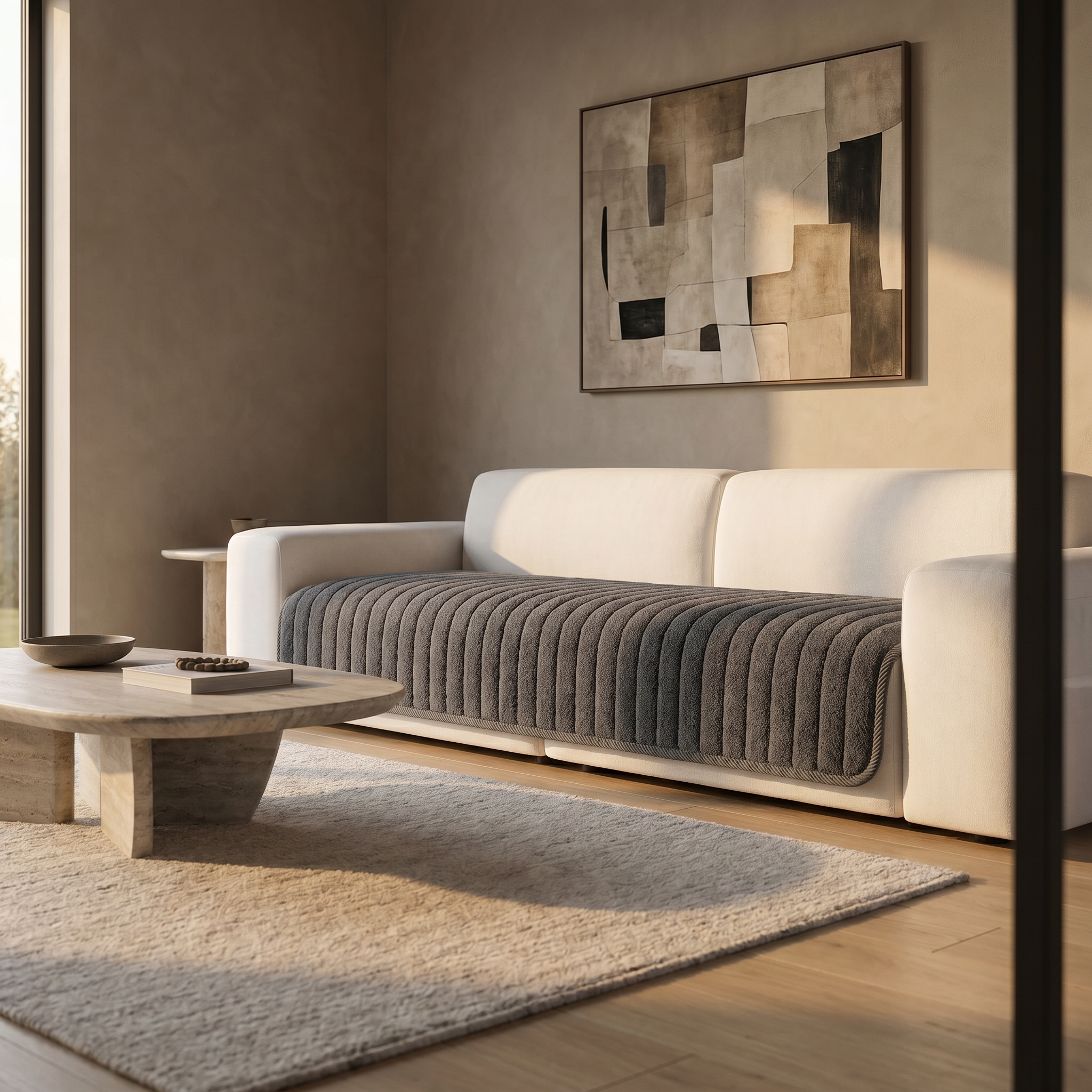 Nuvola Charcoal Mist plush quilted sofa cover in a refined modern Italian-inspired lounge