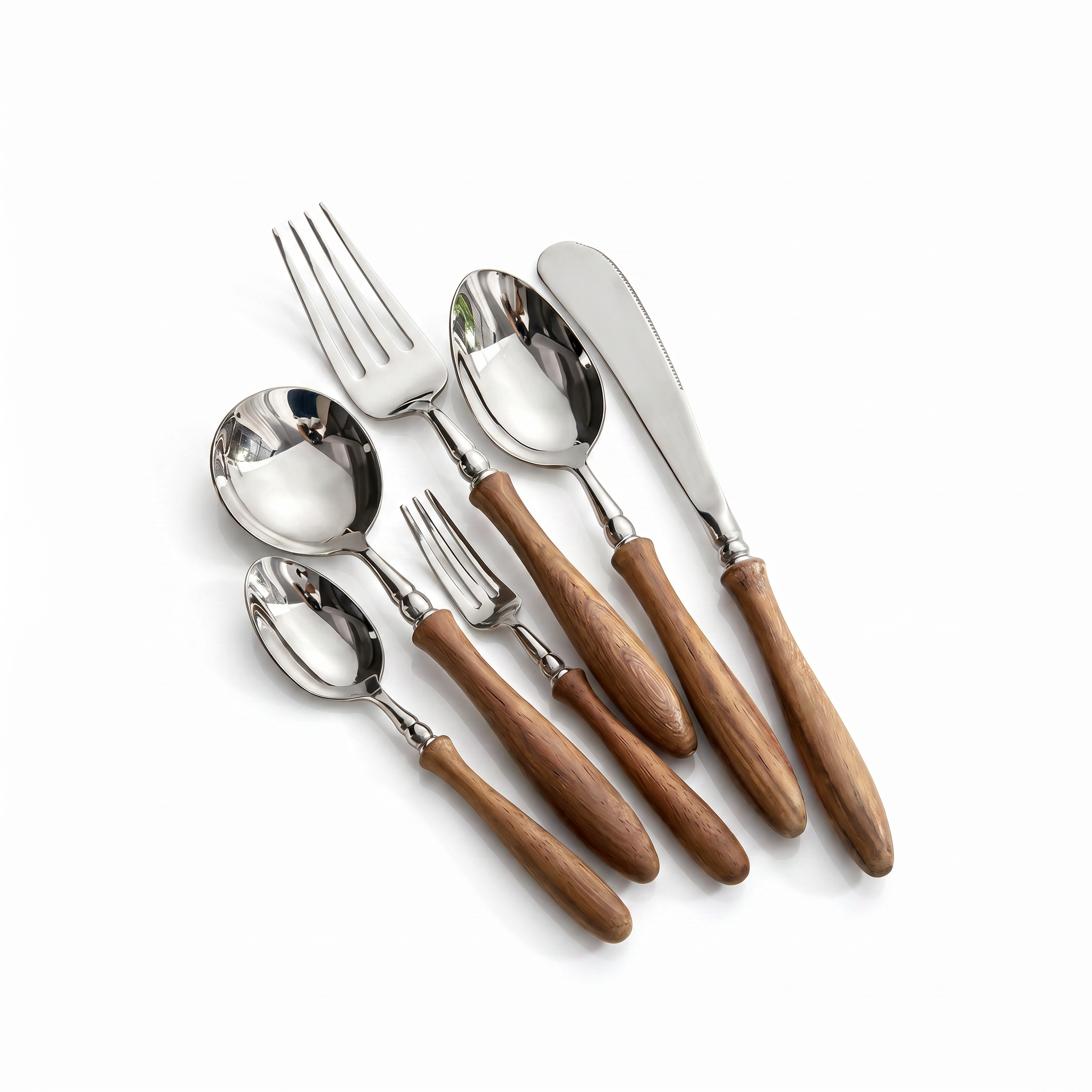 Bosco Rustico wood-handle stainless steel flatware set — clean white background product shot