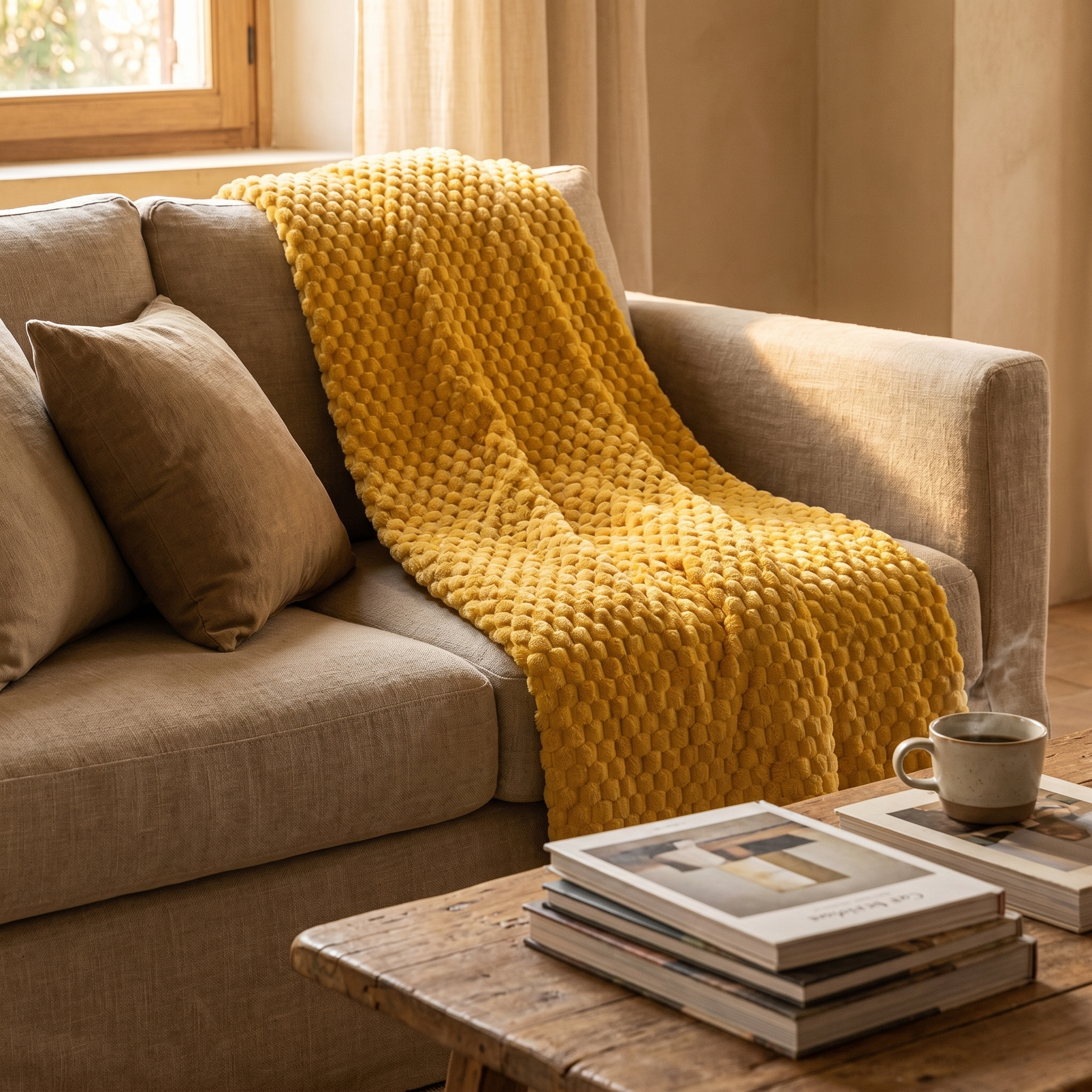 Bolla Soffice mustard yellow textured throw over a linen sofa in a warm living room
