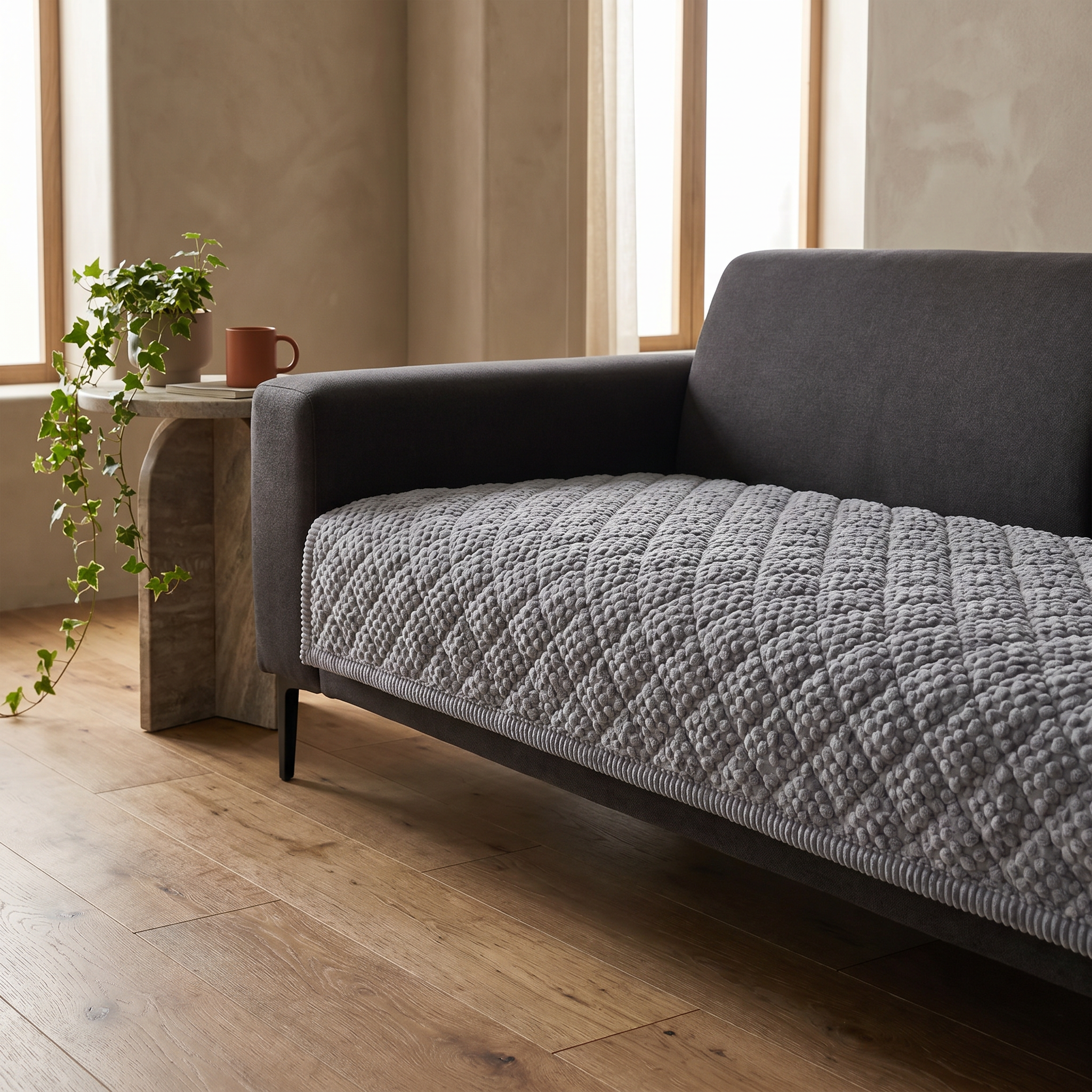 Gray quilted sofa protector on a charcoal sofa in a serene contemporary living room