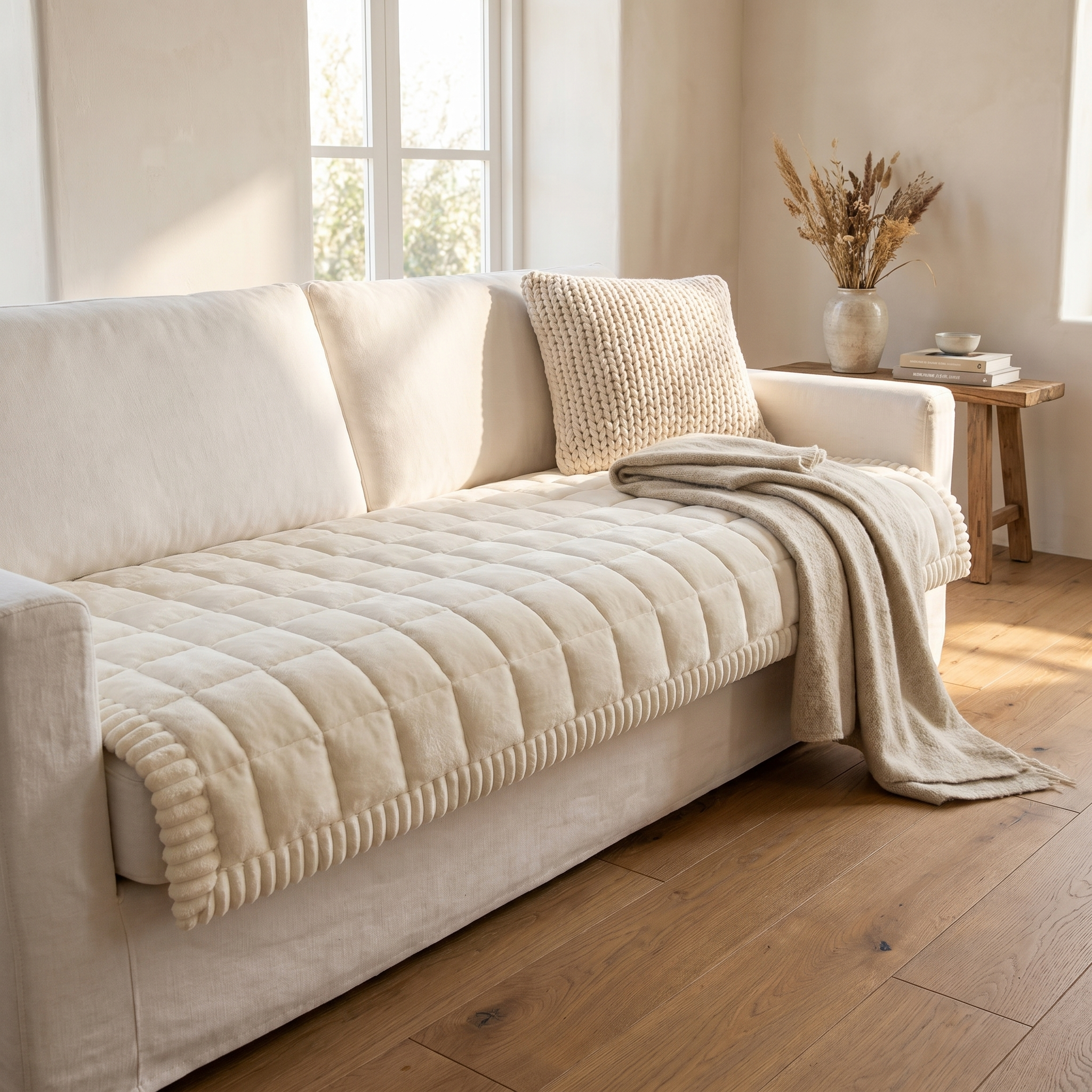 Cream flannel pleated-edge sofa cover on a white linen sofa in a calm sunlit living room
