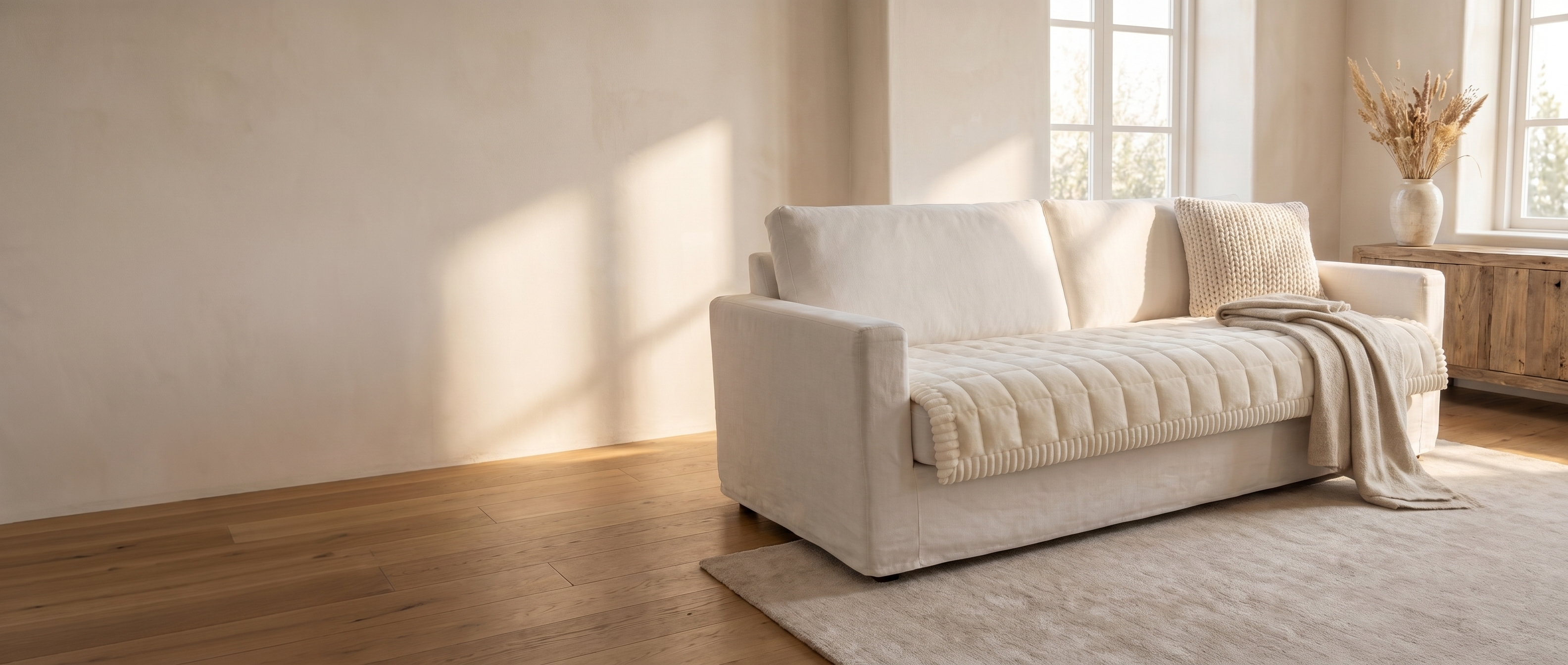 Cream pleated-edge flannel sofa cover on a sofa in a sunlit modern living room — widescreen banner