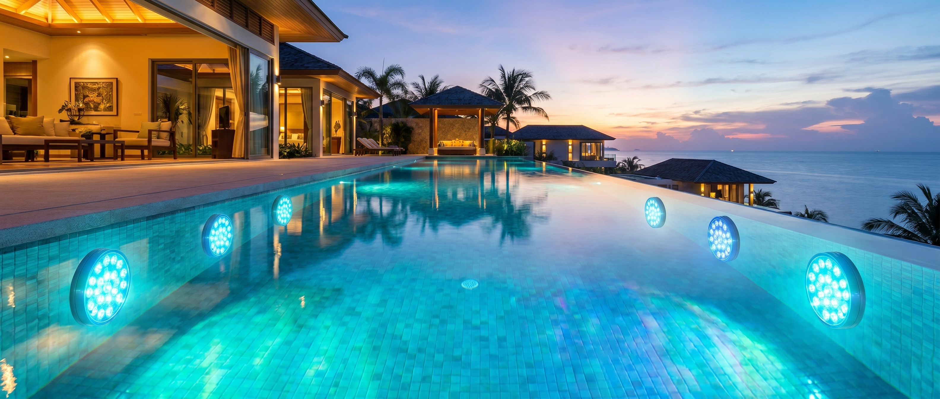 Submersible pool LED lights glowing aqua in a luxury infinity pool at dusk