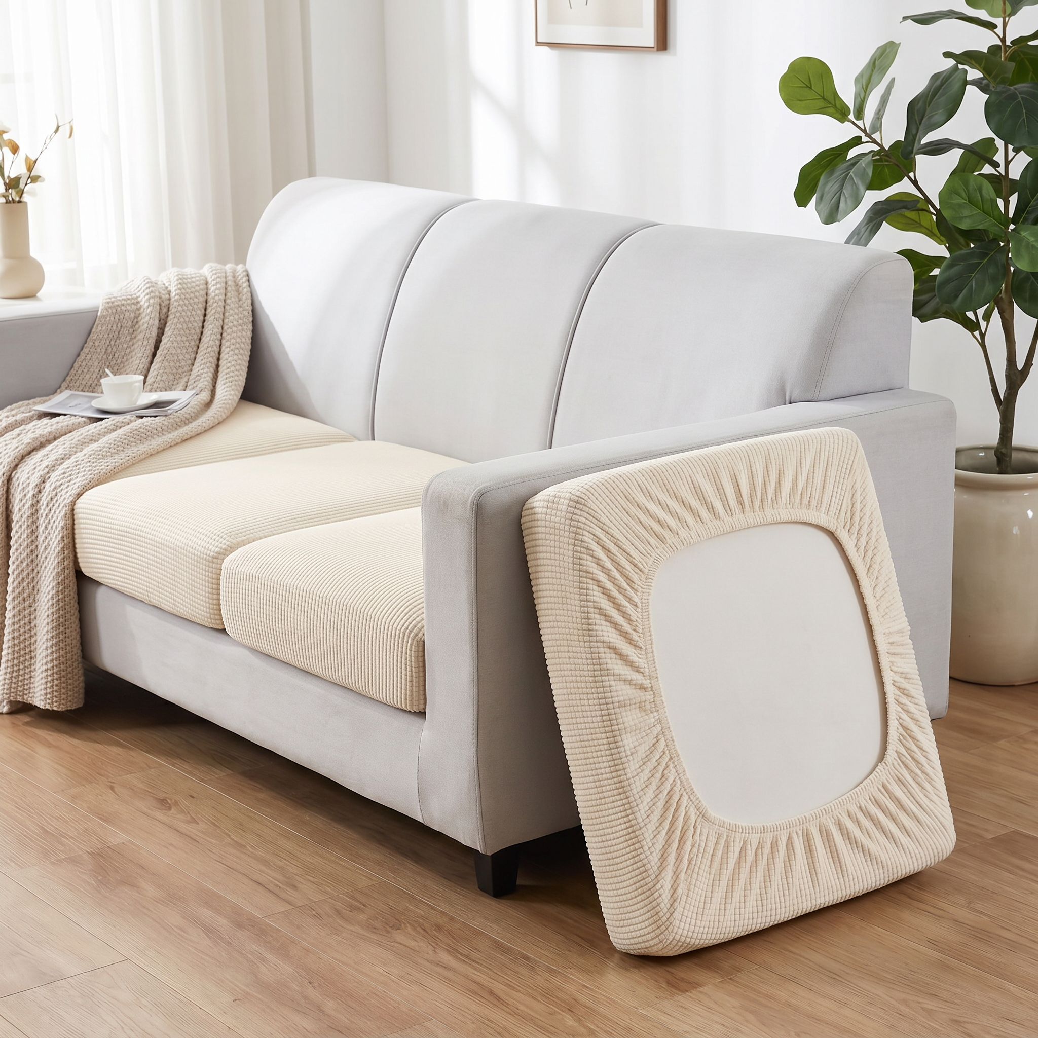 Beige Abbraccio stretch cushion covers on a sofa in a bright living room, one cover flipped to show the elasticated stretch back