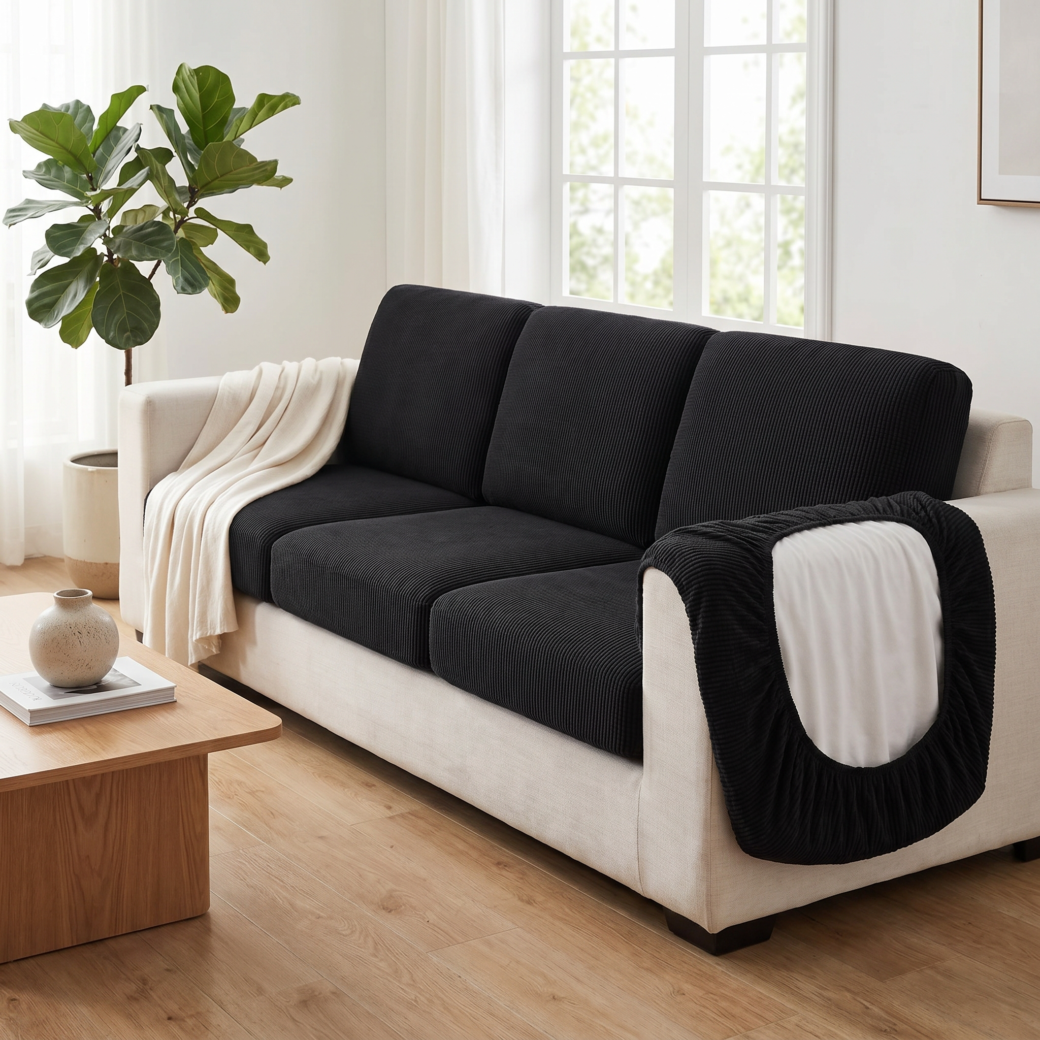 Black Abbraccio stretch cushion covers on a sofa in a bright living room, one cover flipped to show the elasticated stretch back