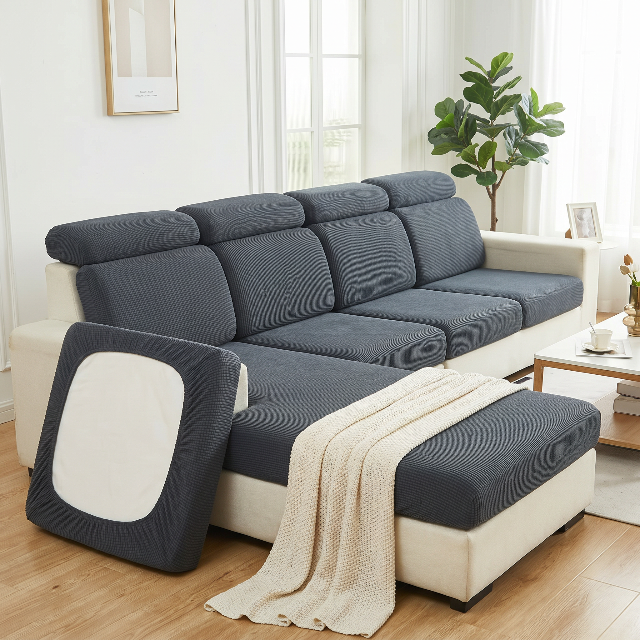 Graphite Abbraccio stretch cushion covers on a sofa in a bright living room, one cover flipped to show the elasticated stretch back
