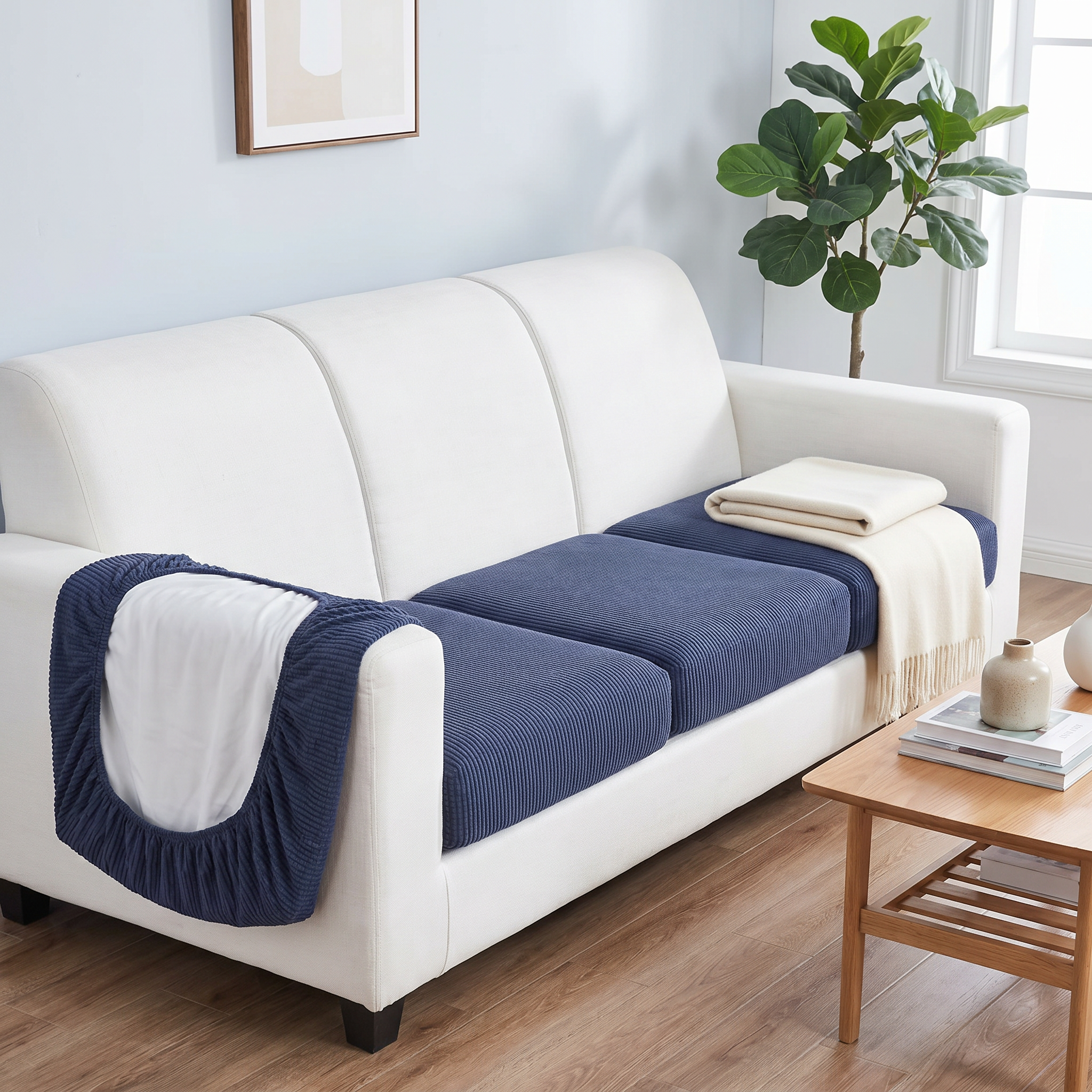 Navy Abbraccio stretch cushion covers on a sofa in a bright living room, one cover flipped to show the elasticated stretch back