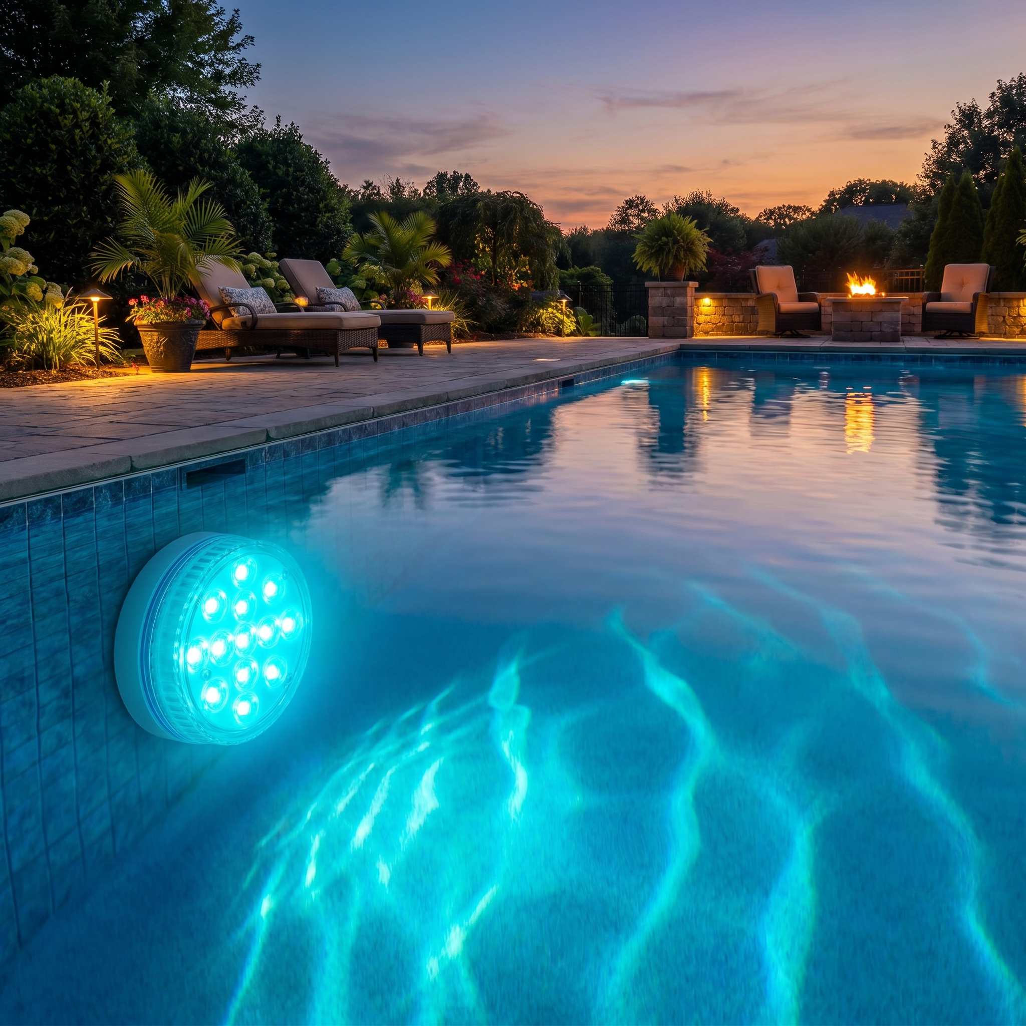 Submersible RGB pool light glowing aqua underwater in a backyard pool at dusk
