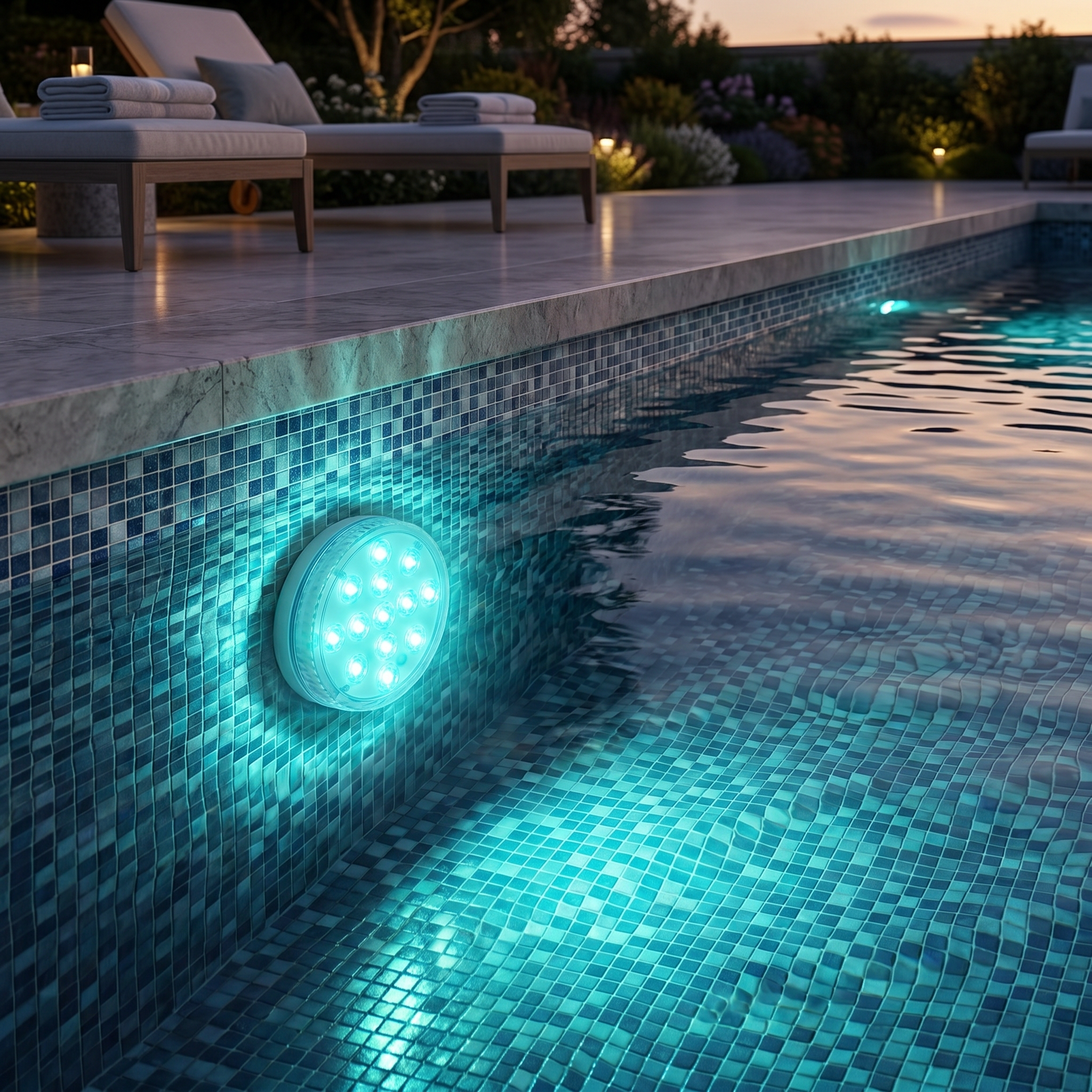 Submersible RGB pool light glowing teal against a tiled pool wall in the evening