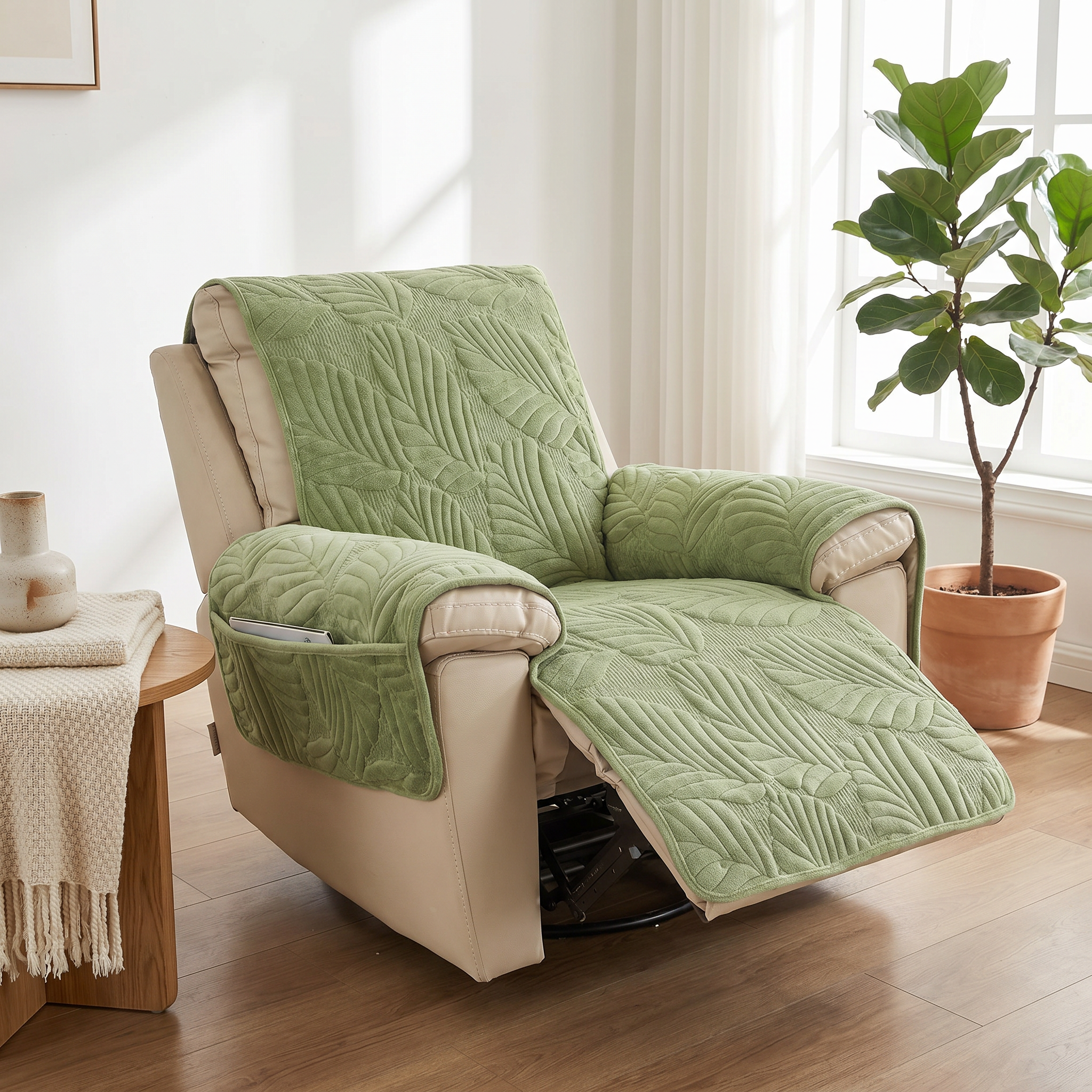 Green quilted leaf-pattern recliner slipcover fitted on a recliner in a calm modern living room