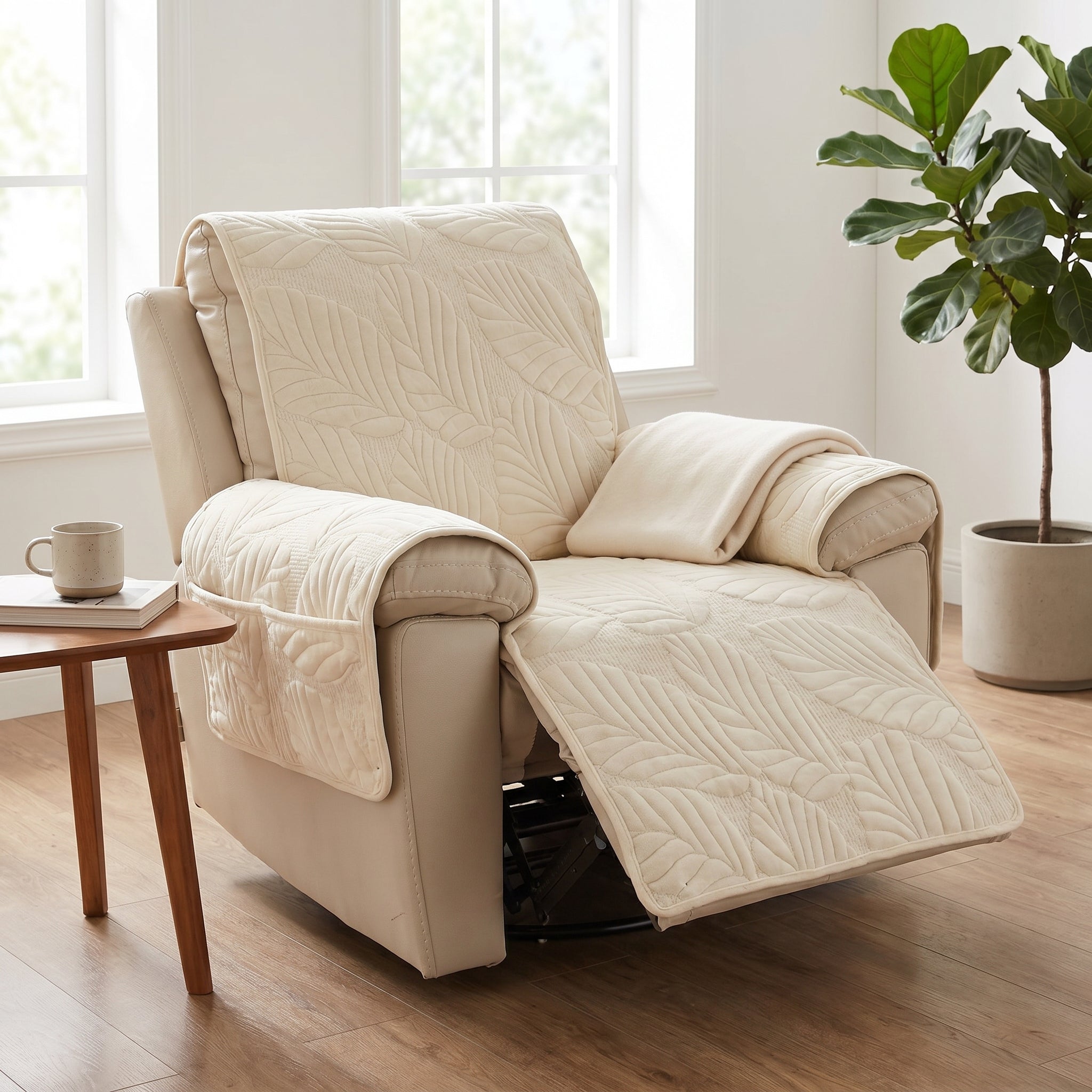 Beige quilted leaf-pattern recliner slipcover fitted on a recliner in a calm modern living room