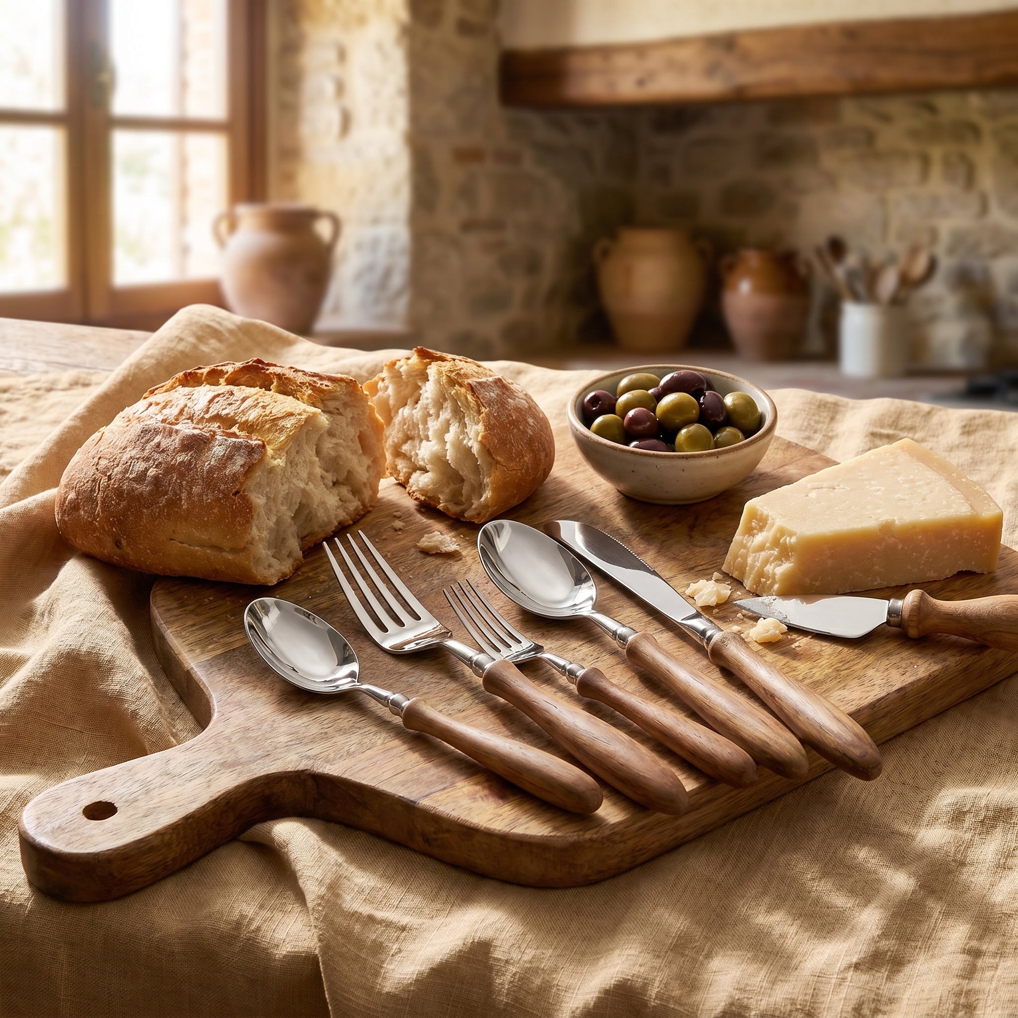 Bosco Rustico wood-handle flatware fanned on a rustic board with crusty bread, olives and cheese in a farmhouse kitchen