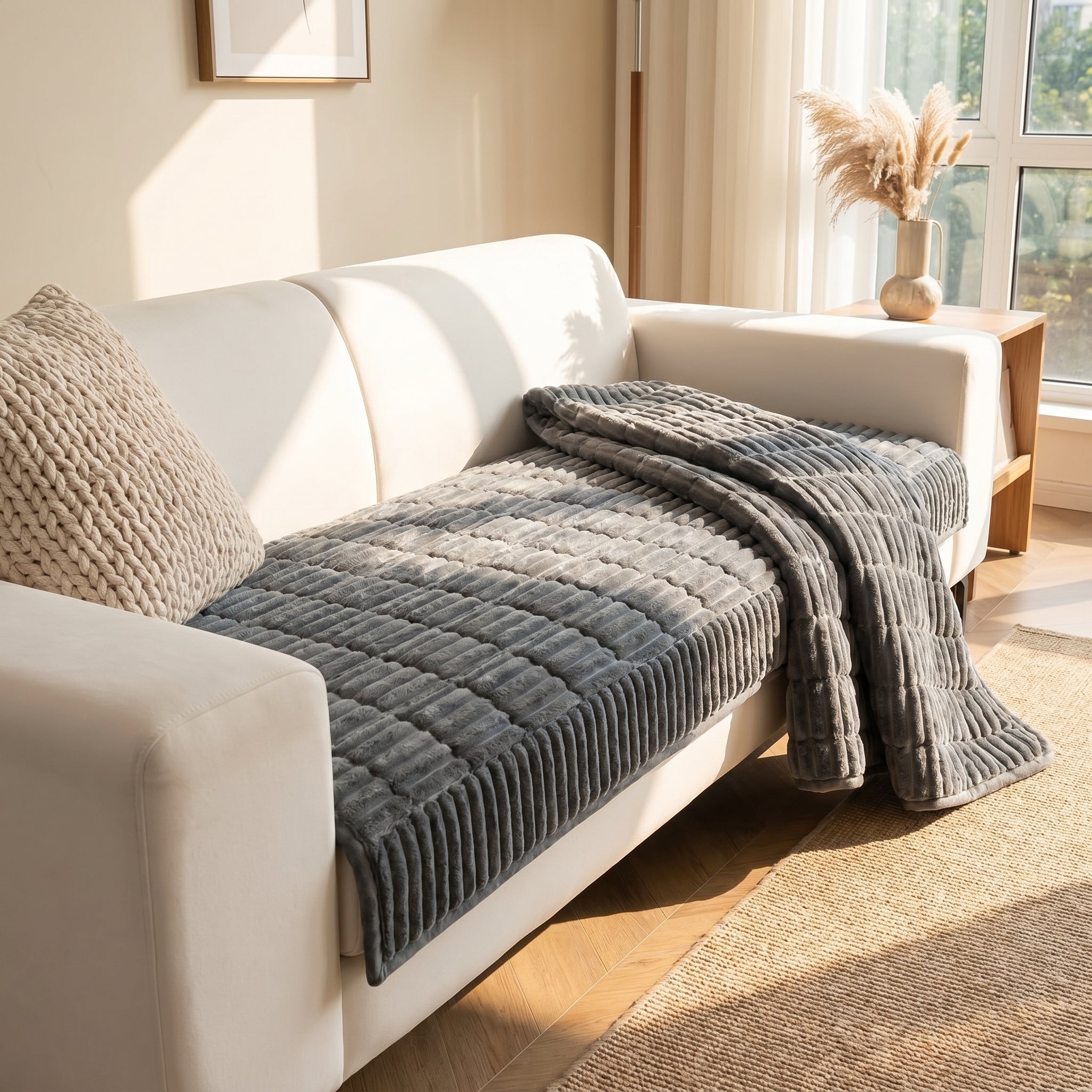 Charcoal grey pleated-edge quilted flannel sofa cover draped on a white sofa in a calm sunlit living room