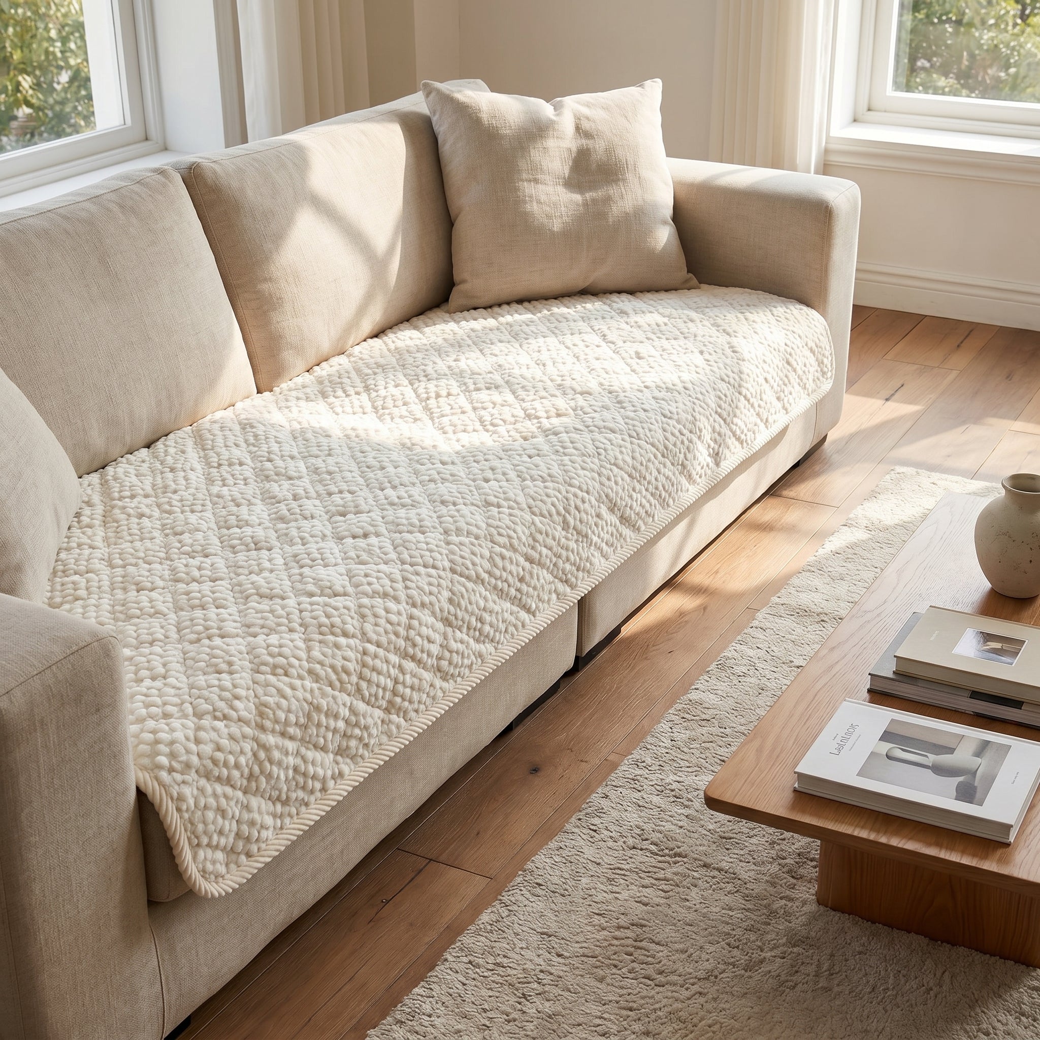 Ivory popcorn-quilted sofa protector draped on a neutral linen sofa in a calm sunlit living room