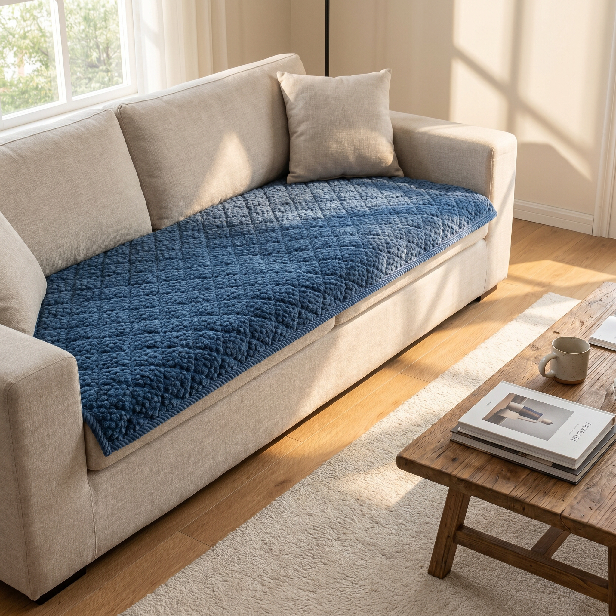 Navy popcorn-quilted sofa protector draped on a neutral linen sofa in a calm sunlit living room