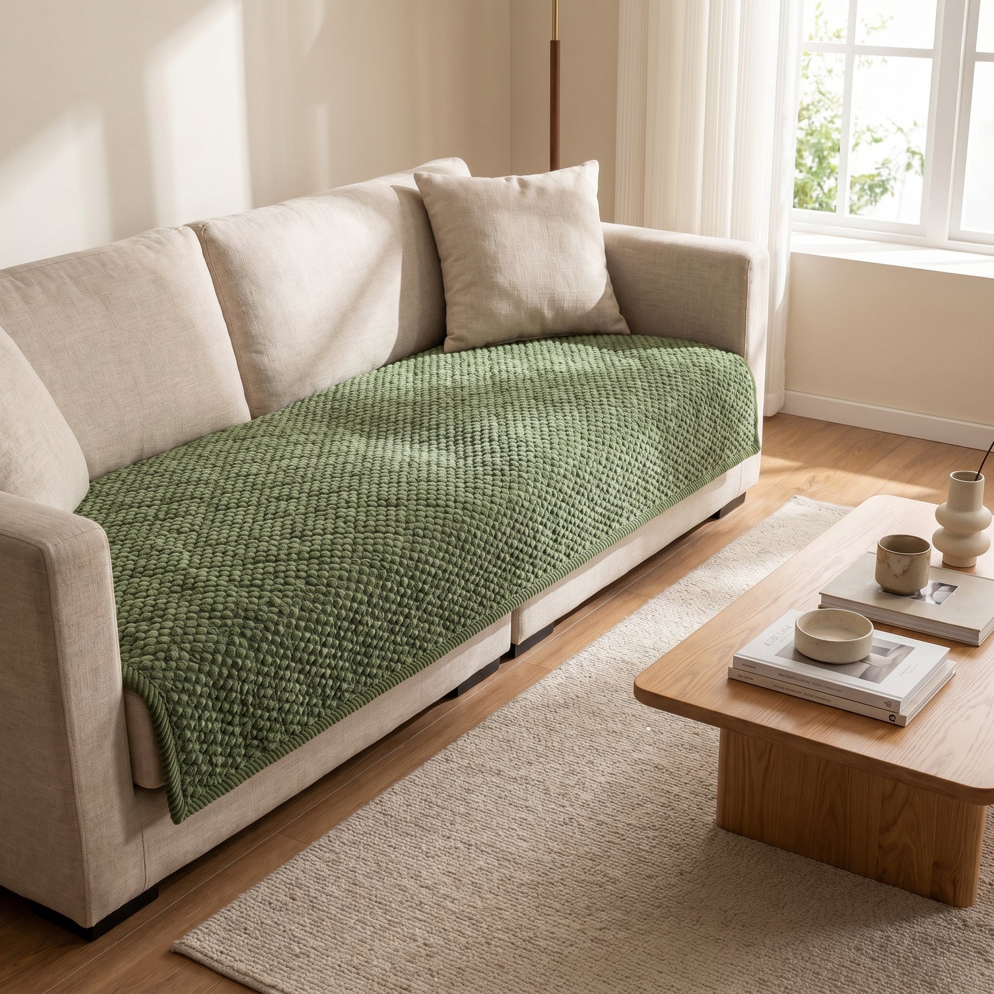 Olive green popcorn-quilted sofa protector draped on a neutral linen sofa in a calm sunlit living room