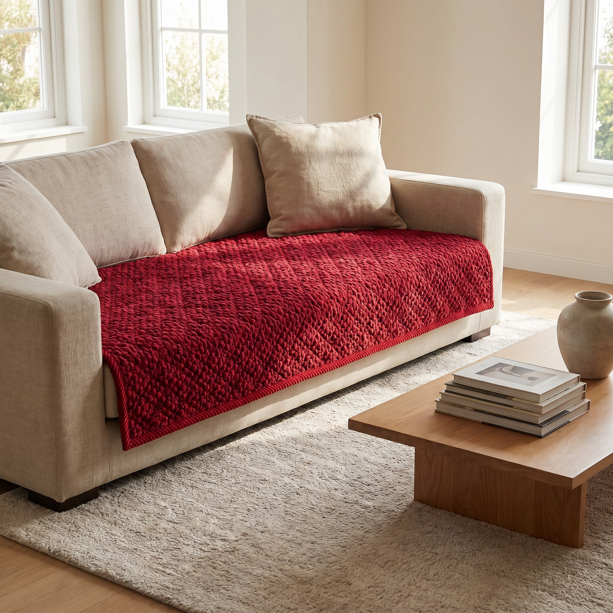 Deep red popcorn-quilted sofa protector draped on a neutral linen sofa in a calm sunlit living room