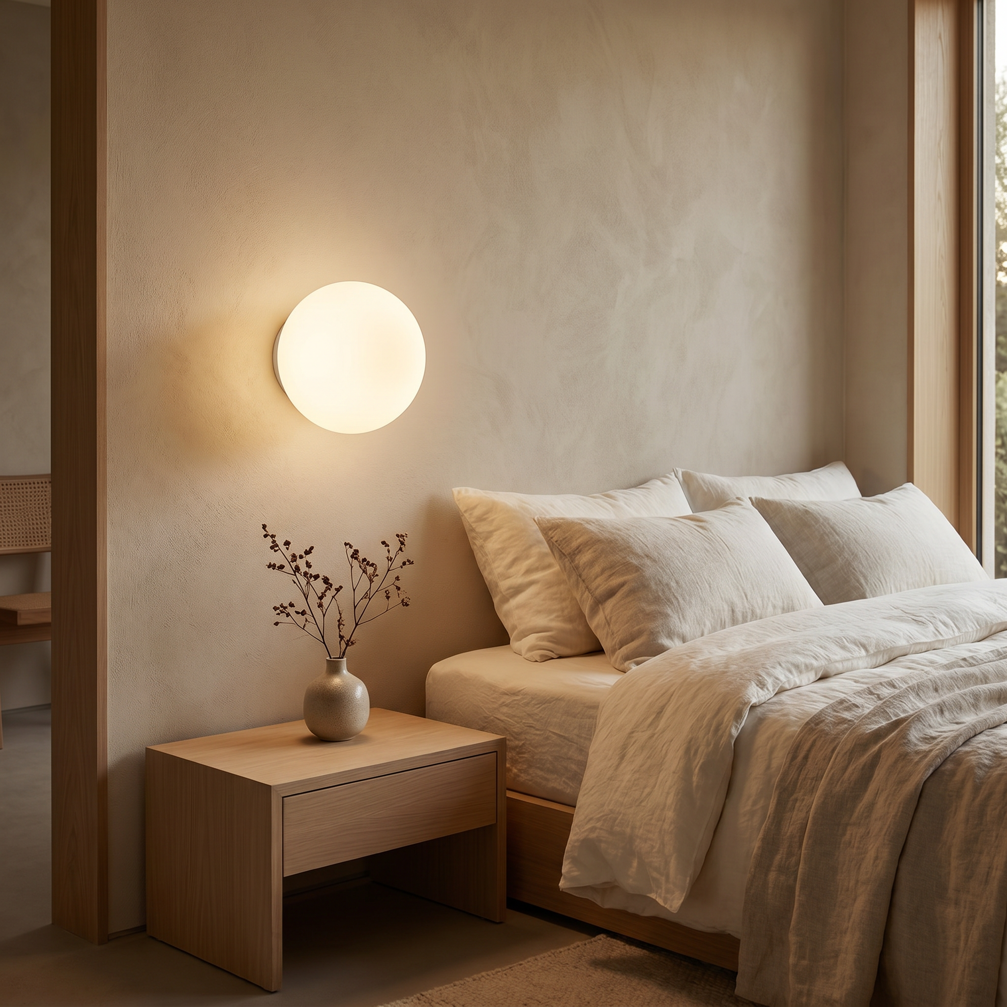 Frosted glass globe wall sconce glowing above a wooden nightstand in a Japandi bedroom