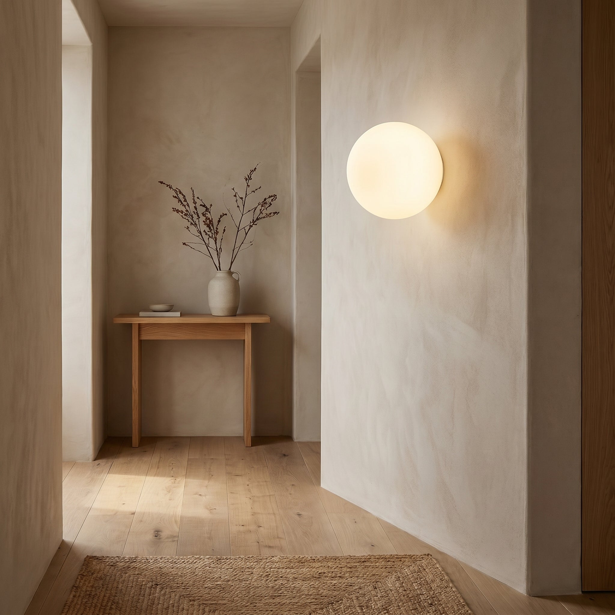 Spherical glass wall light glowing on a plaster hallway wall in a minimalist home