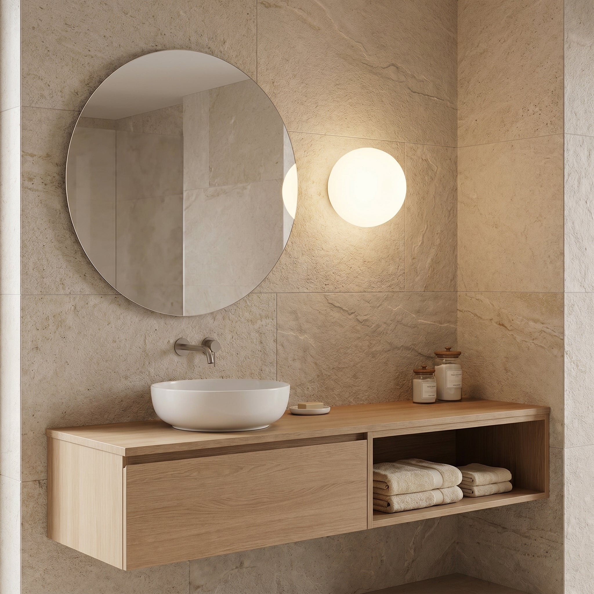 Frosted glass orb wall sconce beside a round bathroom mirror in a spa-like bathroom