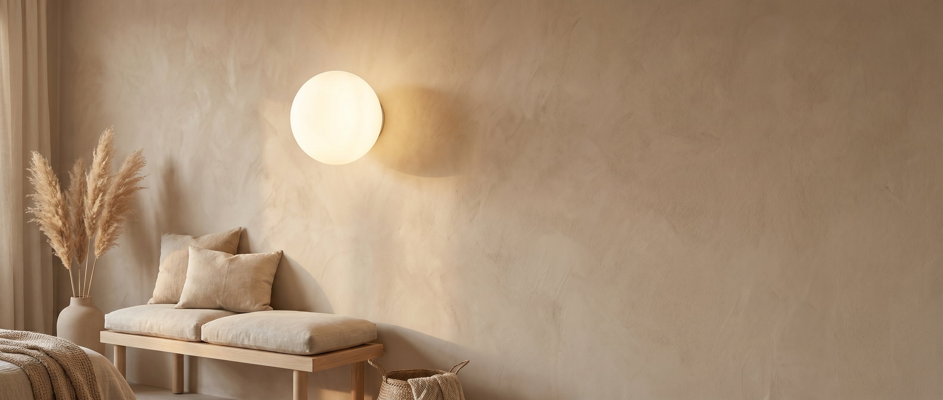 Luna Soffusa spherical glass wall sconce glowing in a styled Japandi interior banner