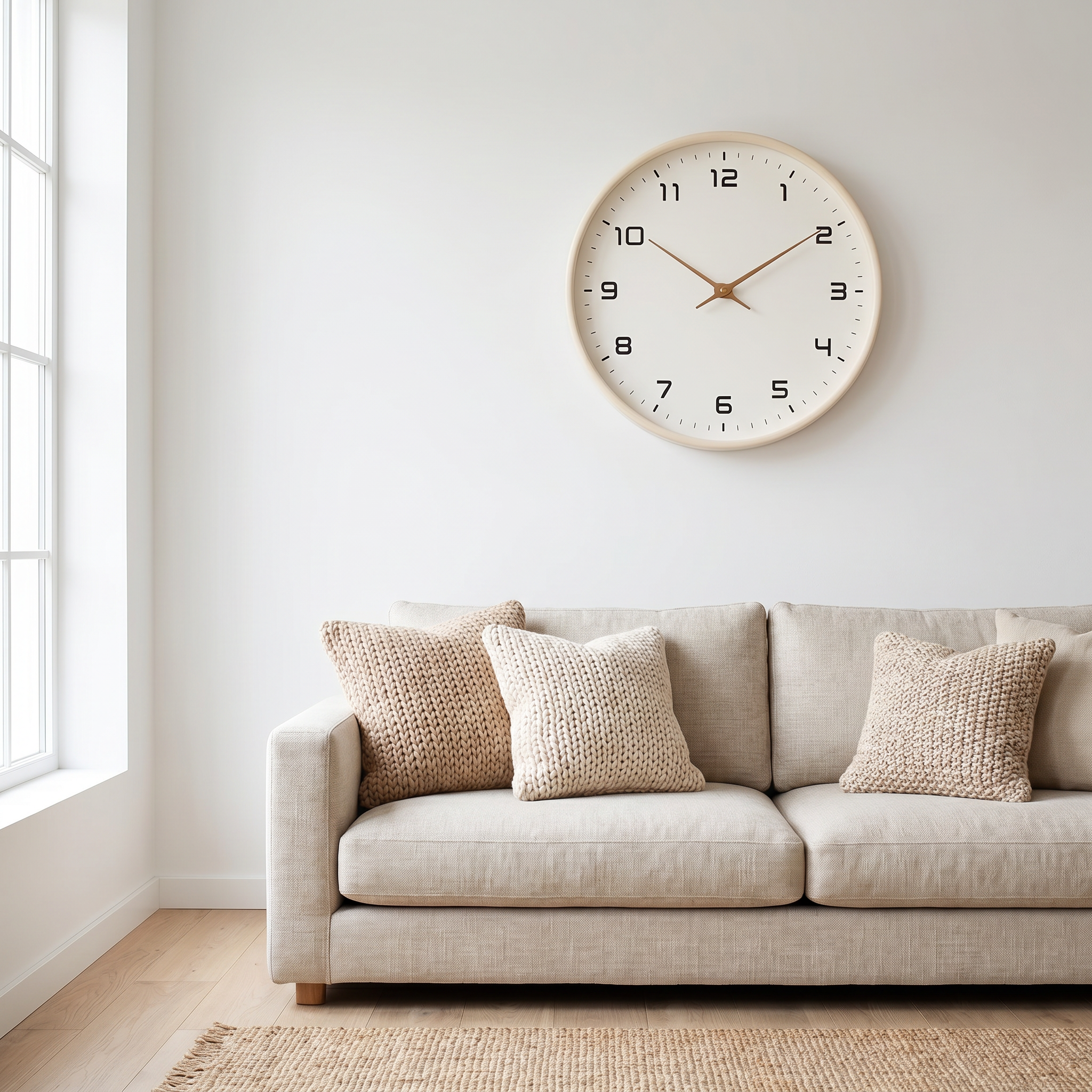 Cream Ora Serena wooden wall clock in a minimalist living room