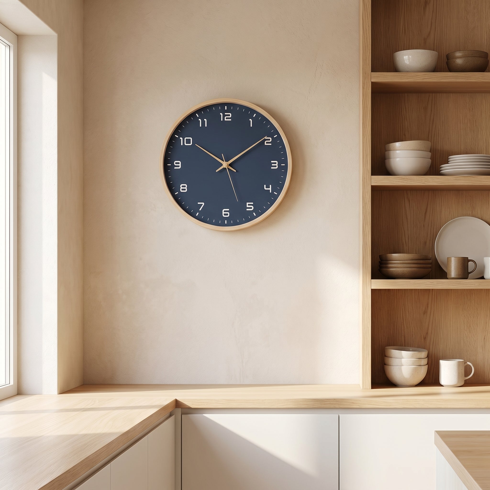 Navy blue dial Ora Serena wooden wall clock in a Scandinavian kitchen
