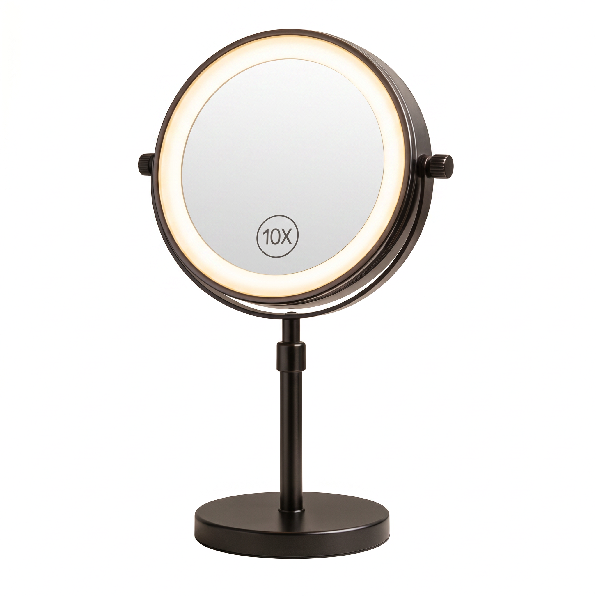 Aurora Serena double-sided LED makeup mirror in black with a warm glowing ring on a white background