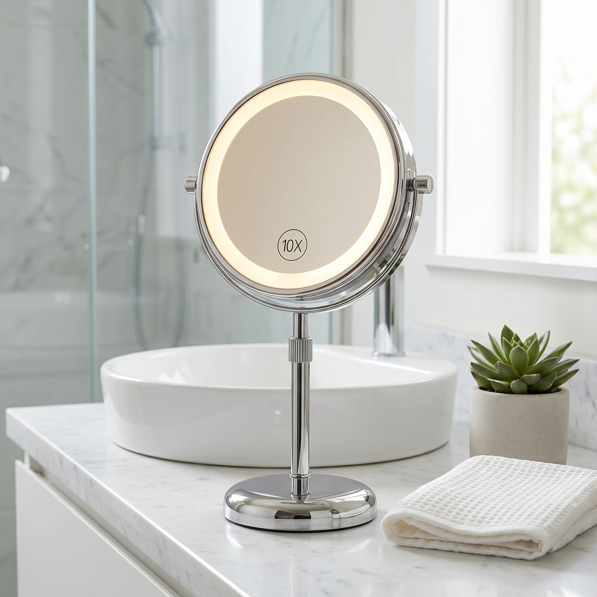 Silver Aurora Serena LED makeup mirror glowing on a marble bathroom vanity