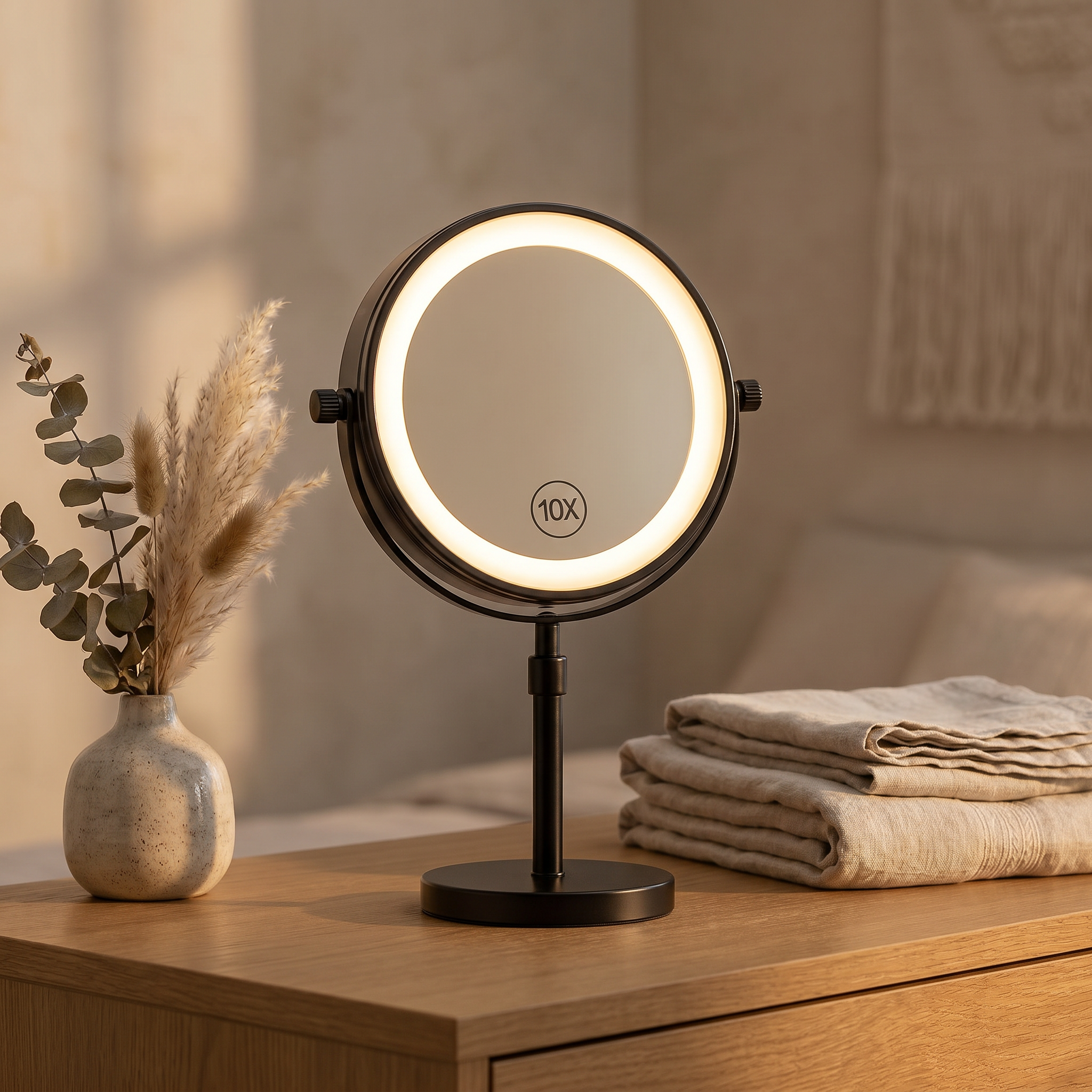 Black Aurora Serena LED makeup mirror glowing on a wooden bedroom dresser