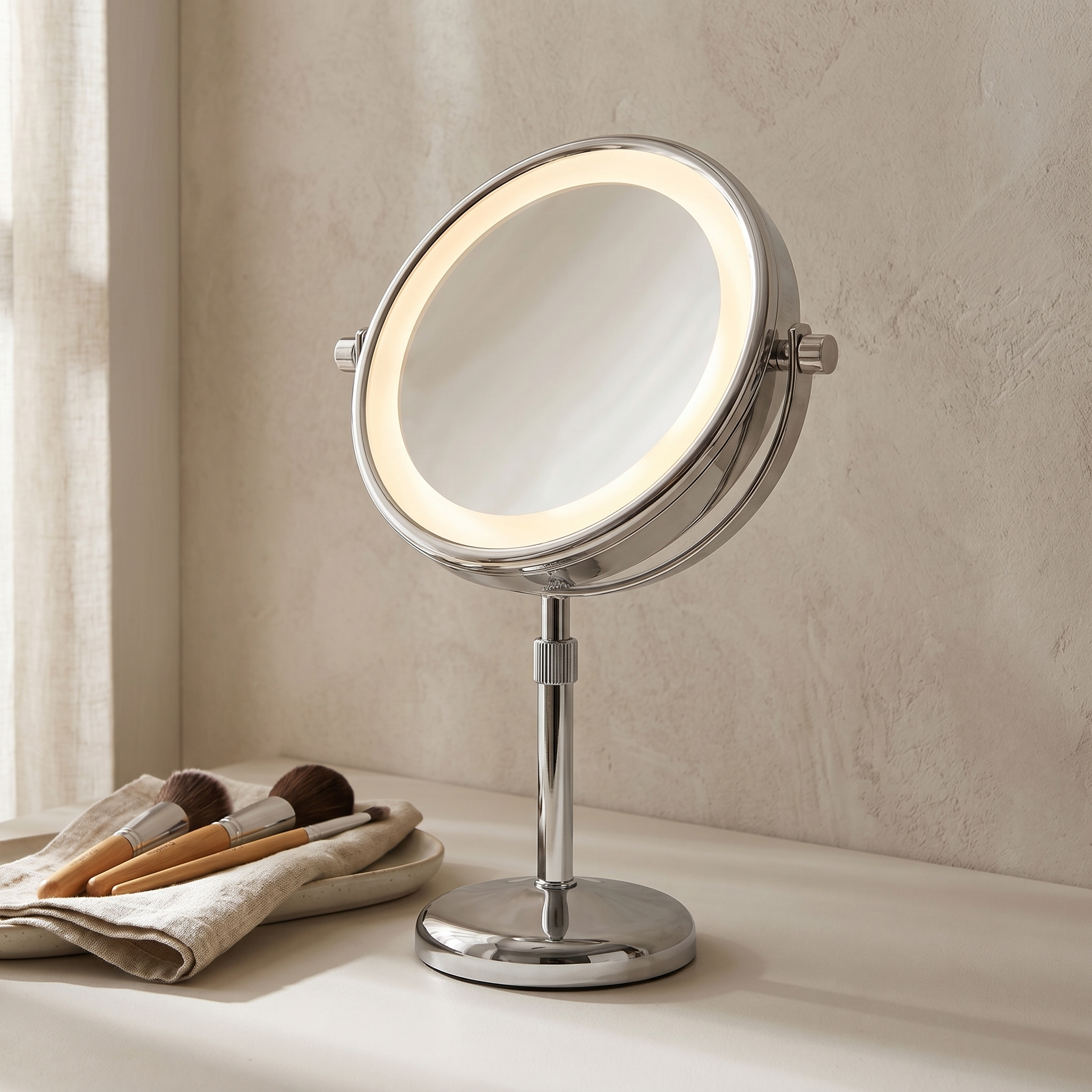 Silver Aurora Serena LED makeup mirror glowing on a minimalist vanity desk with makeup brushes