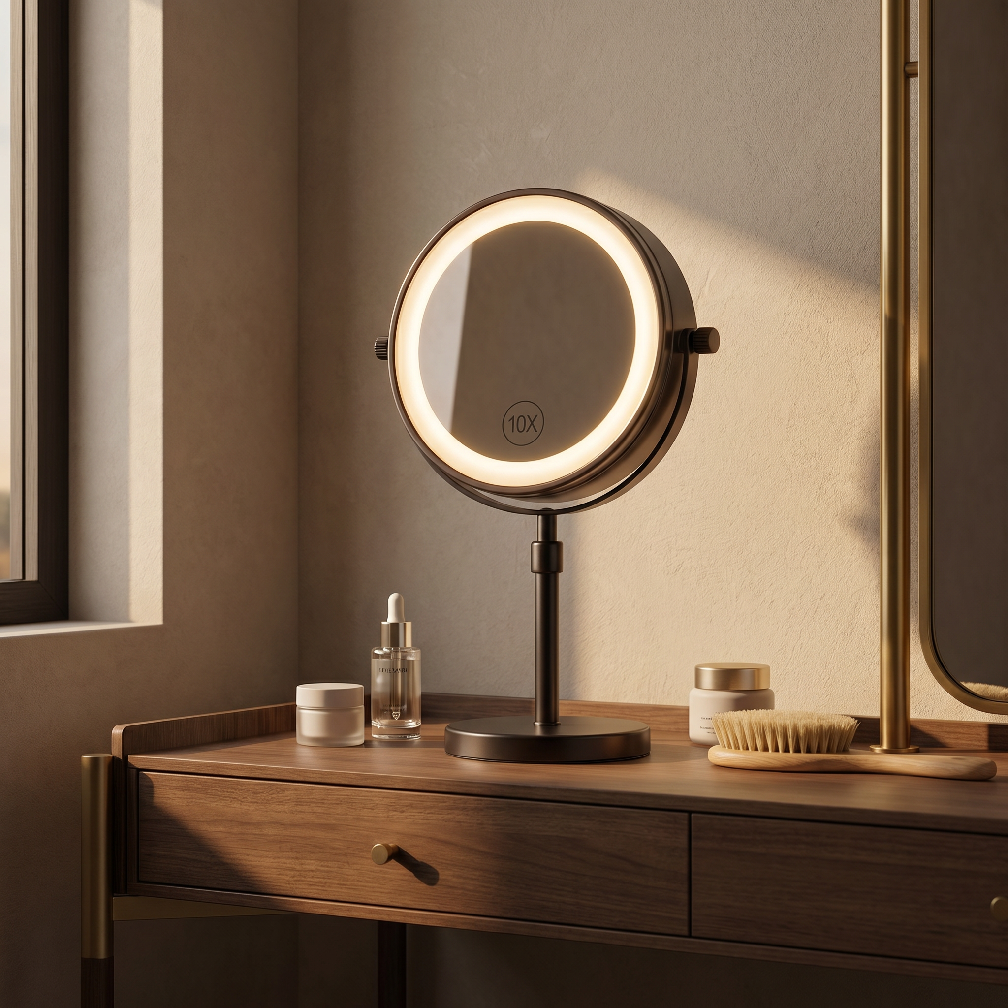 Black Aurora Serena LED makeup mirror glowing on a dressing table in warm evening light