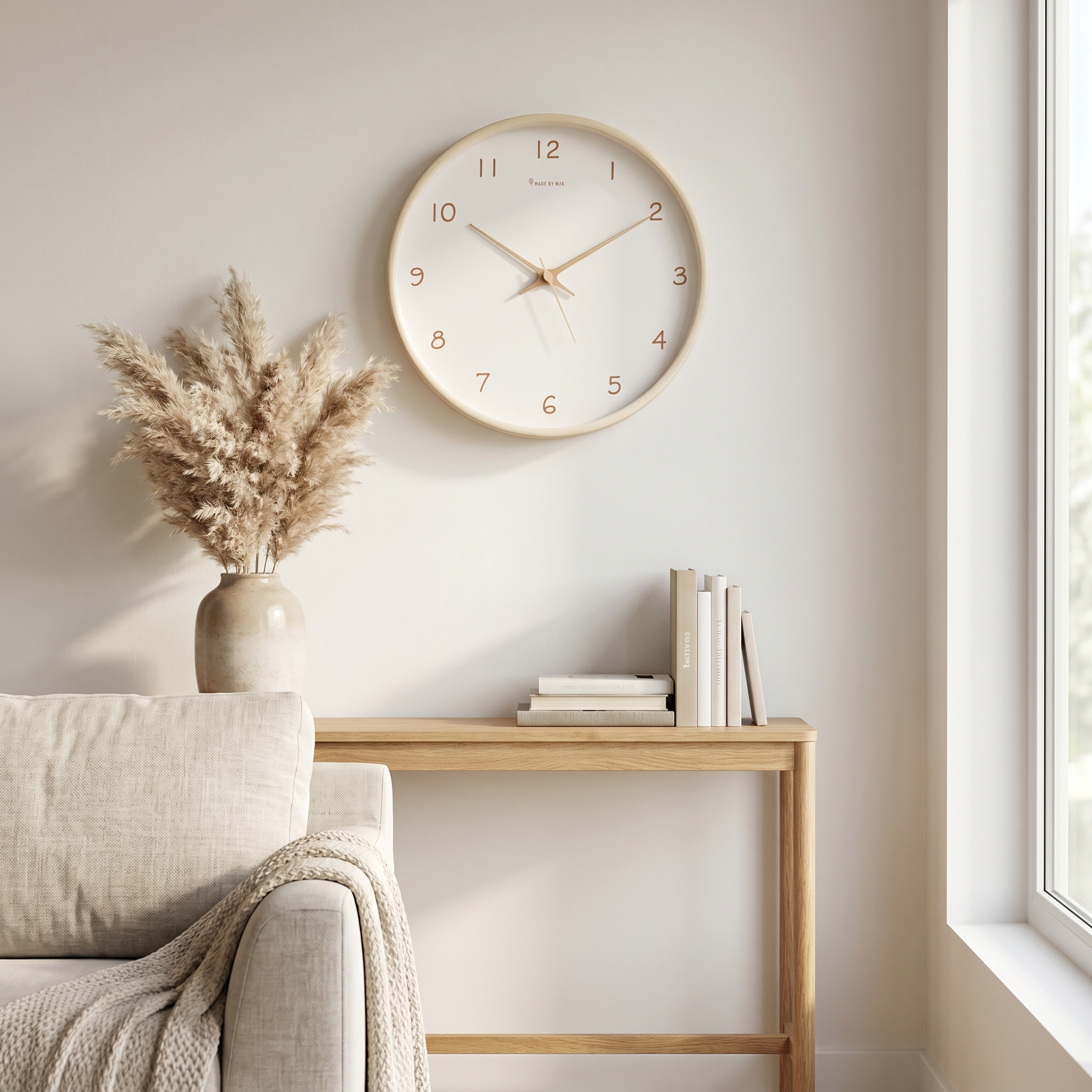 Cream silent wall clock above an oak console in a calm Scandinavian living room