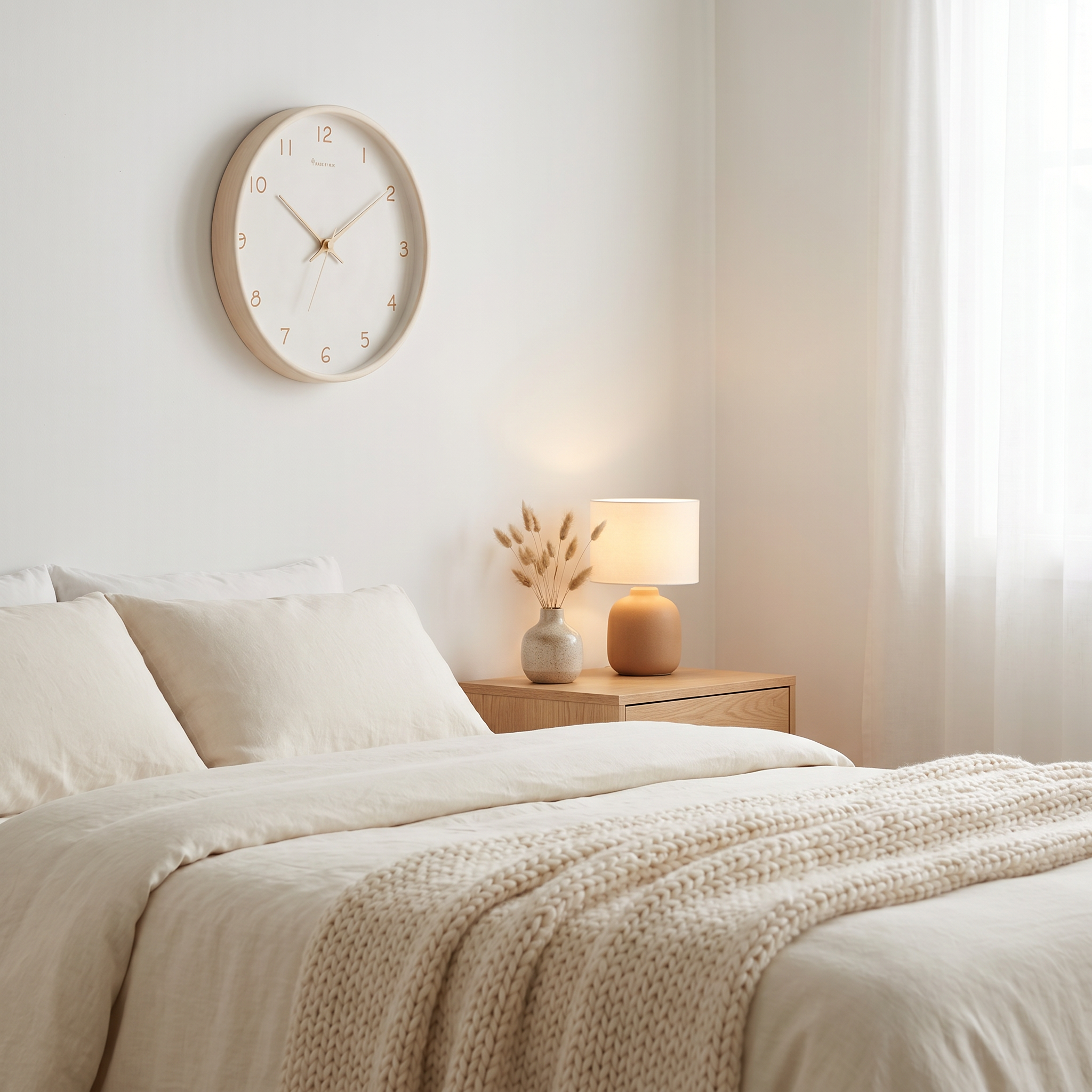 Cream silent wall clock on a serene bedroom wall above a linen bed