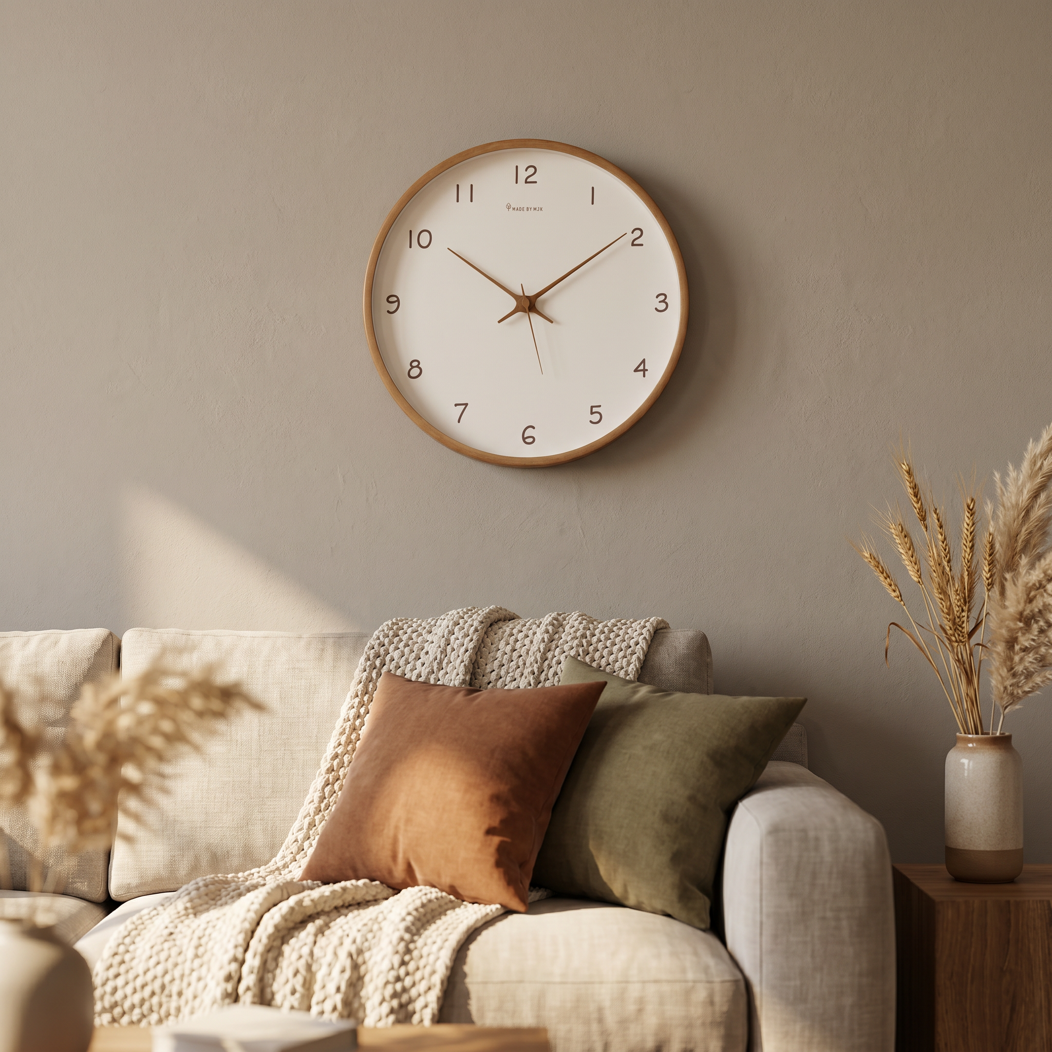 Brown walnut silent wall clock above a cozy sofa in a warm living room