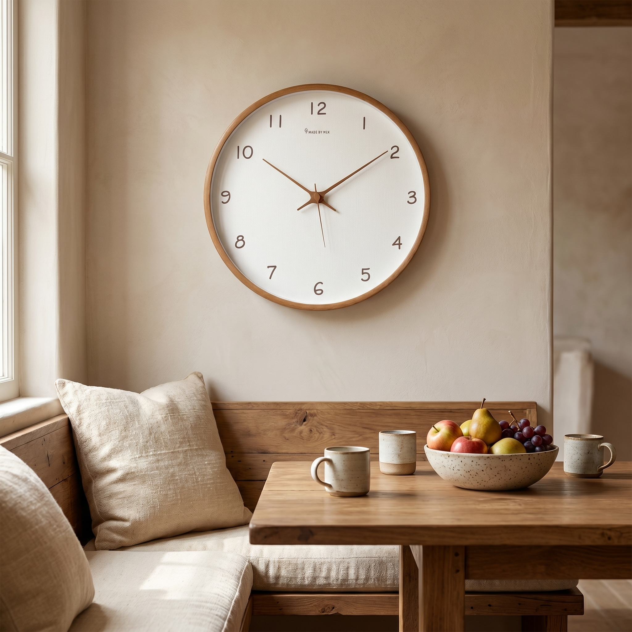 Brown walnut silent wall clock above a wooden dining nook
