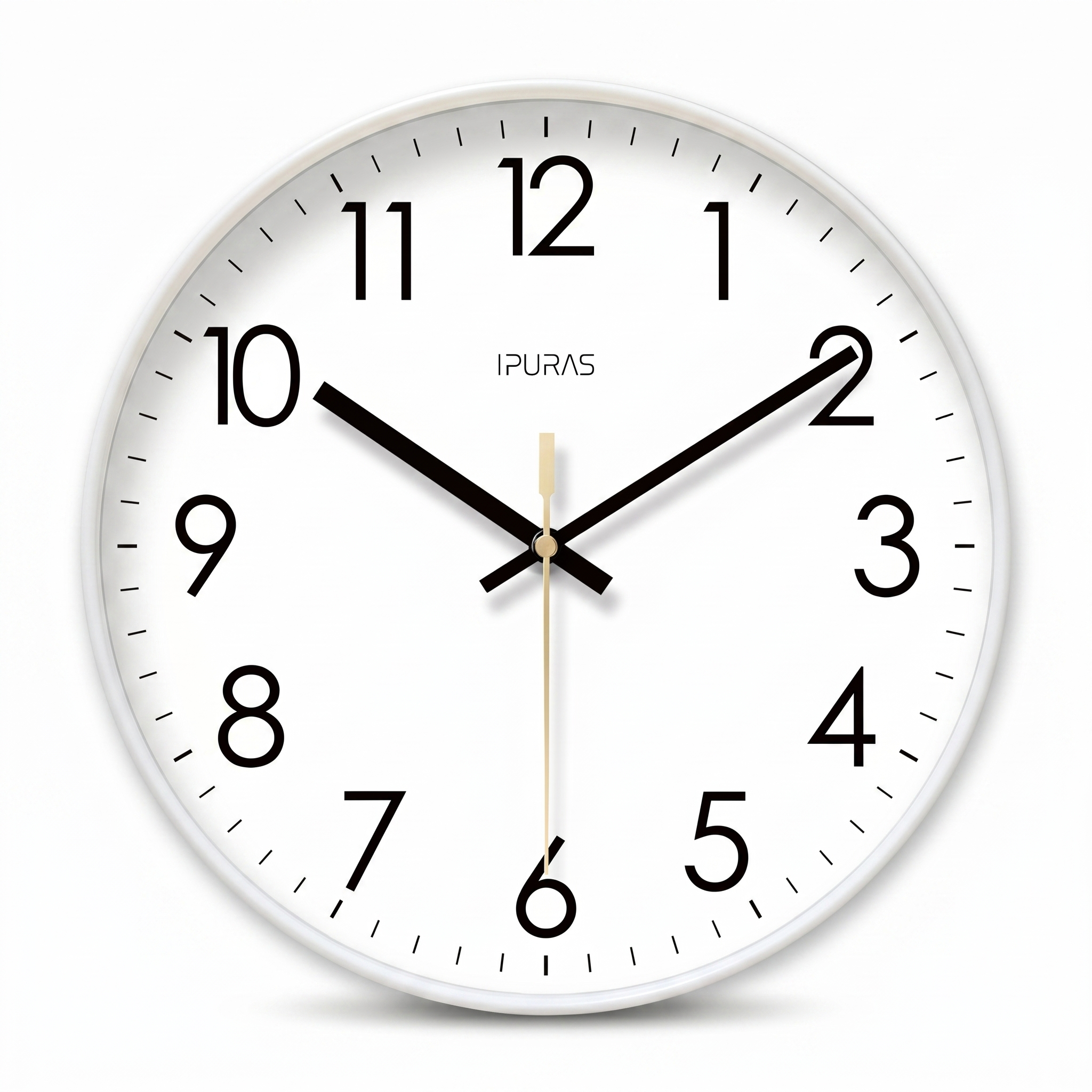 White minimalist Nordic silent wall clock with white face, white background