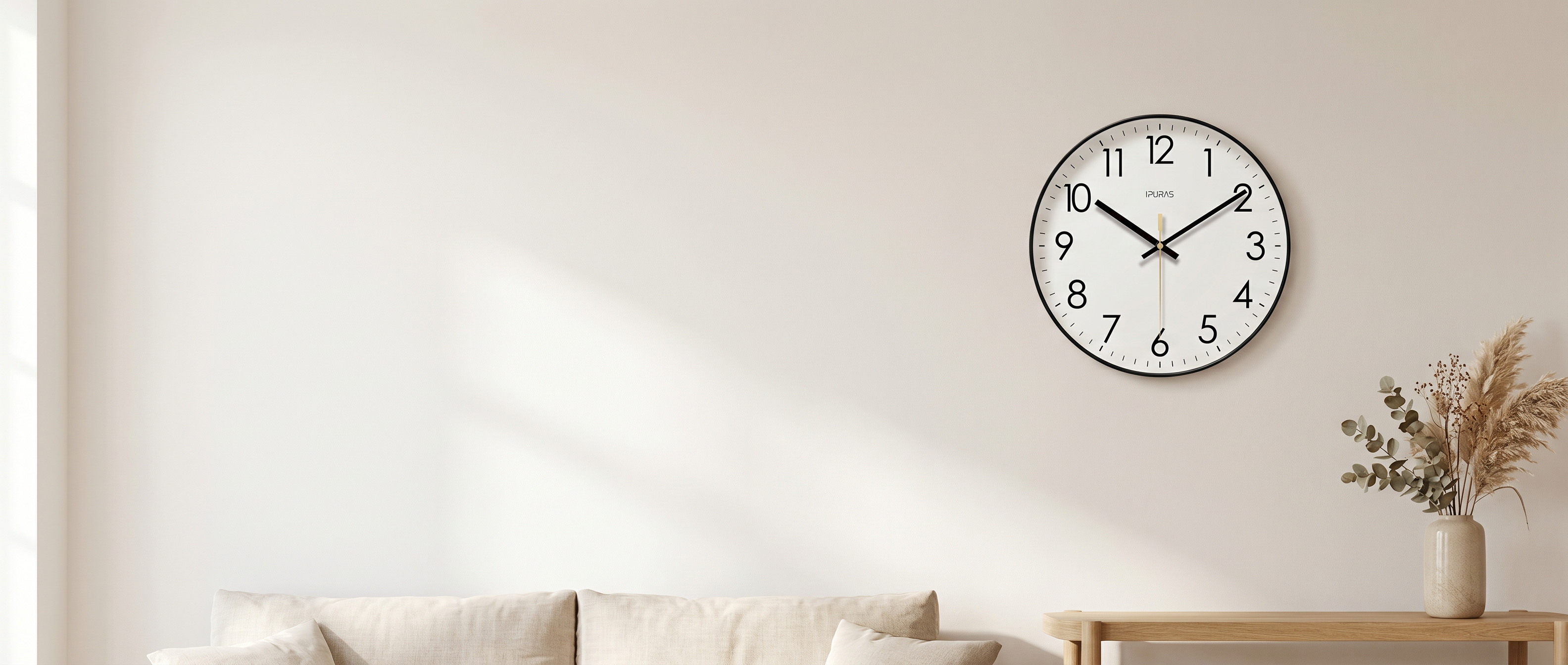 Quiete Nordica silent wall clock in a serene light-filled living space — Zanoro Casa