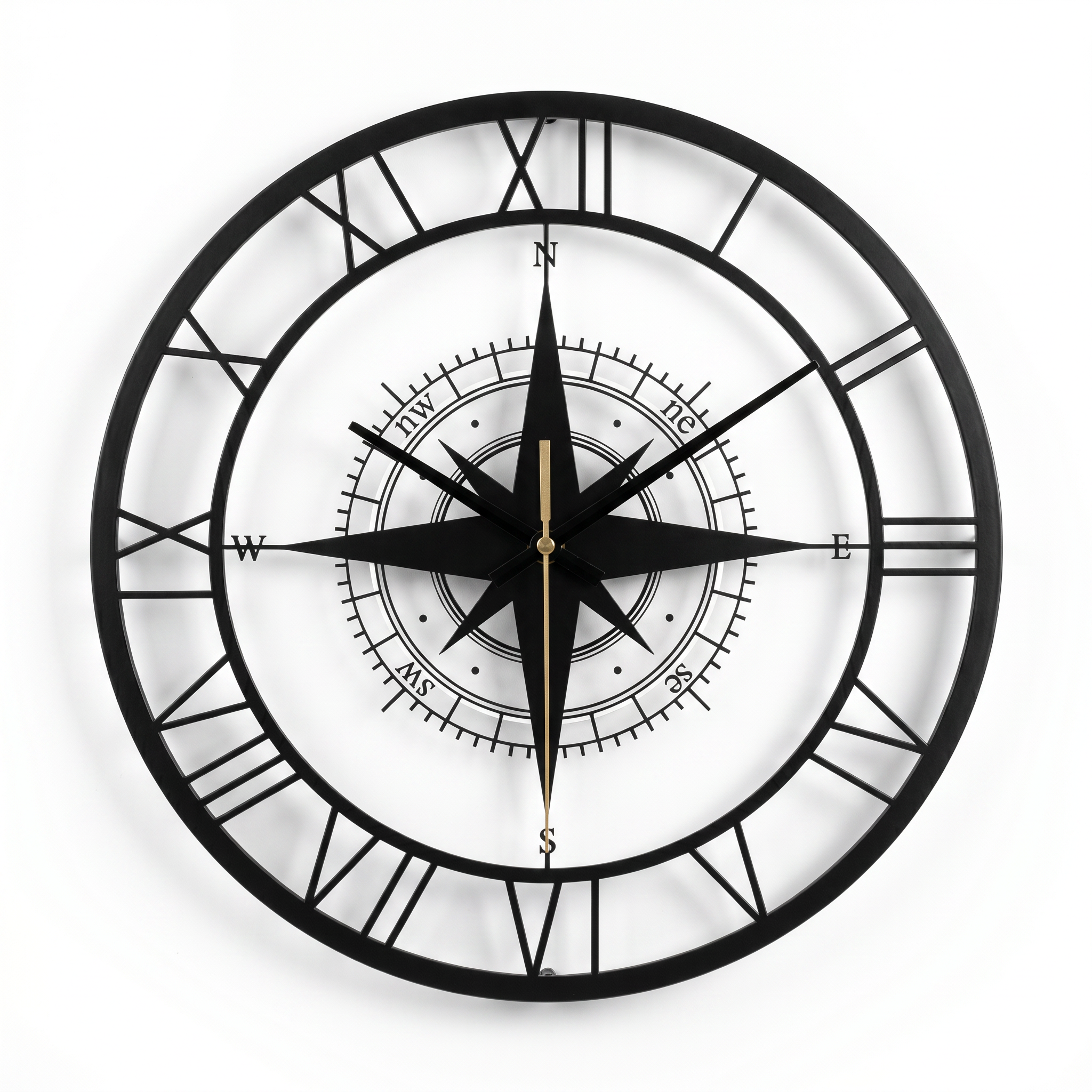 Bussola Marina nautical compass wall clock, black skeleton frame, white background