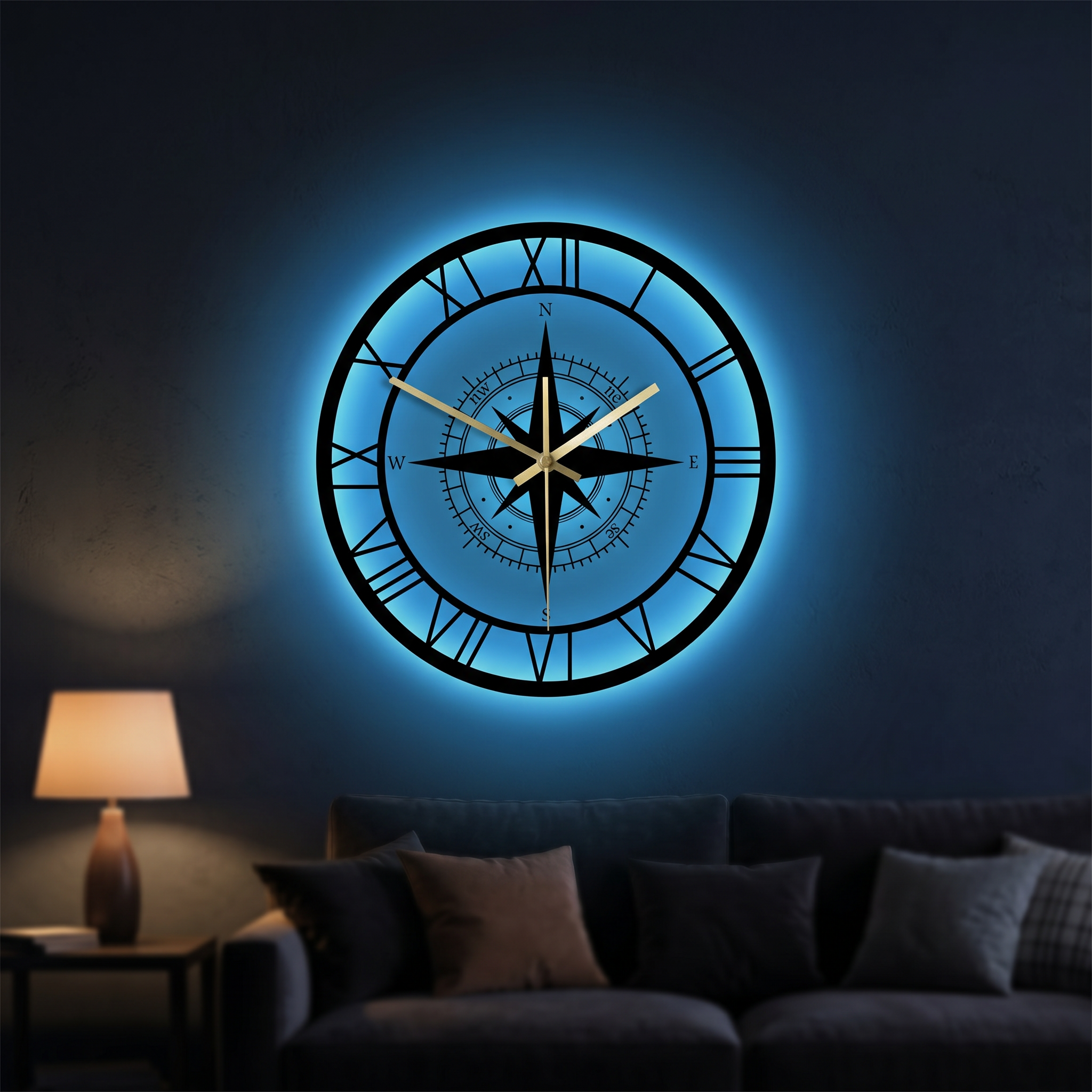 LED compass wall clock with ocean-blue glow in a dim evening living room