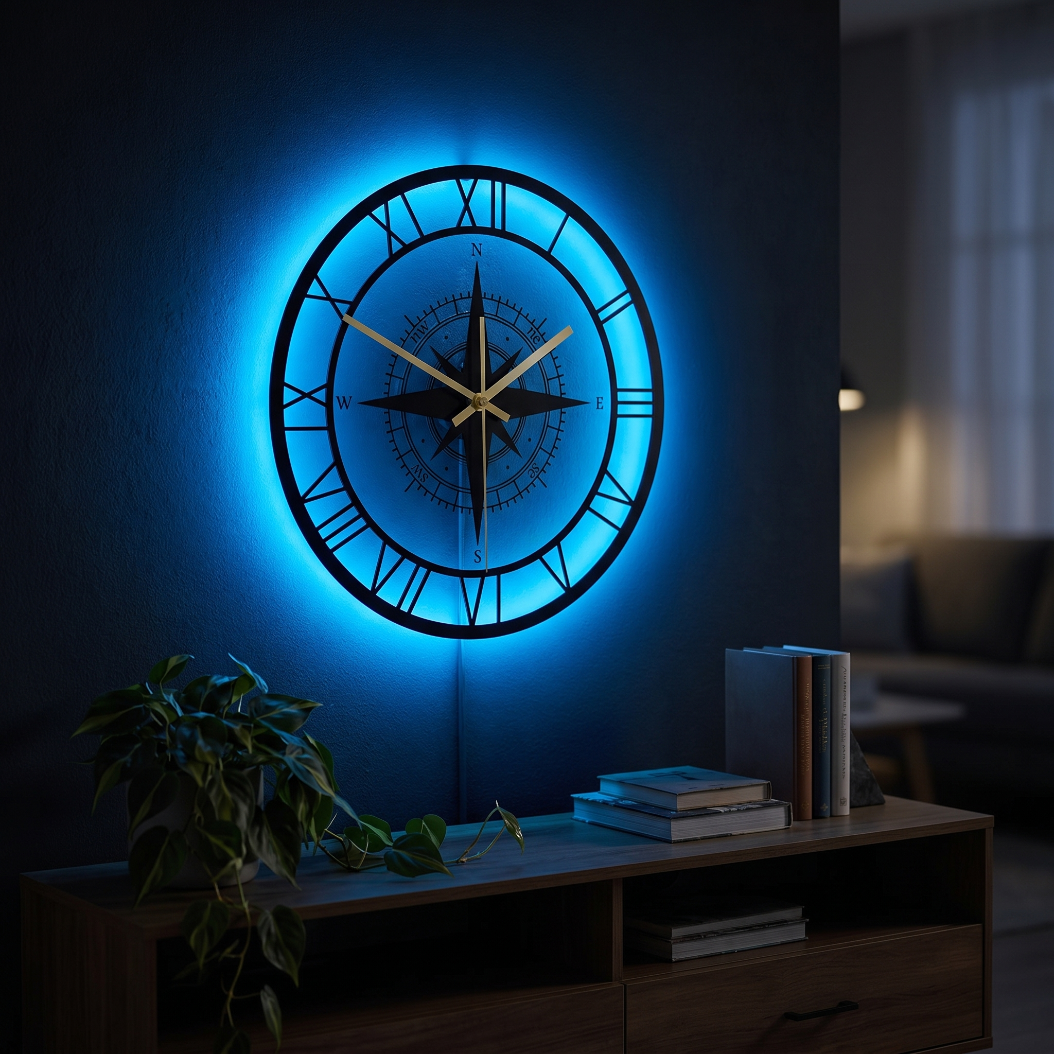 LED compass wall clock with ocean-blue glow above a media console at night