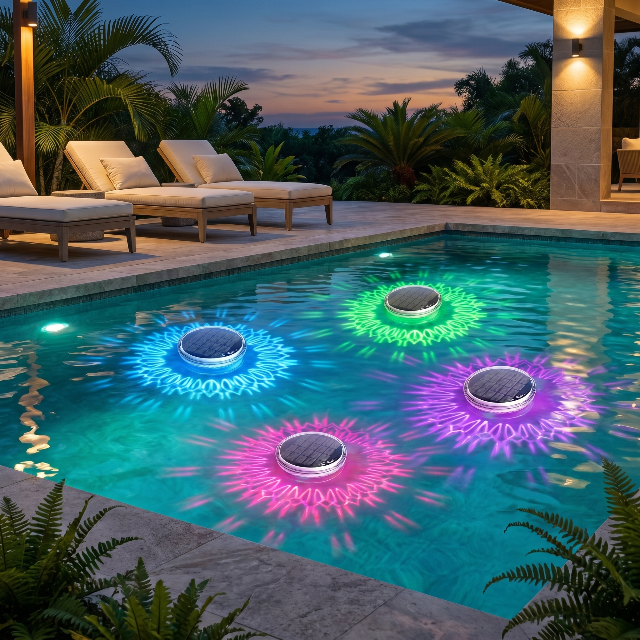 Four solar floating pool lights glowing blue, green, purple and pink in a turquoise pool