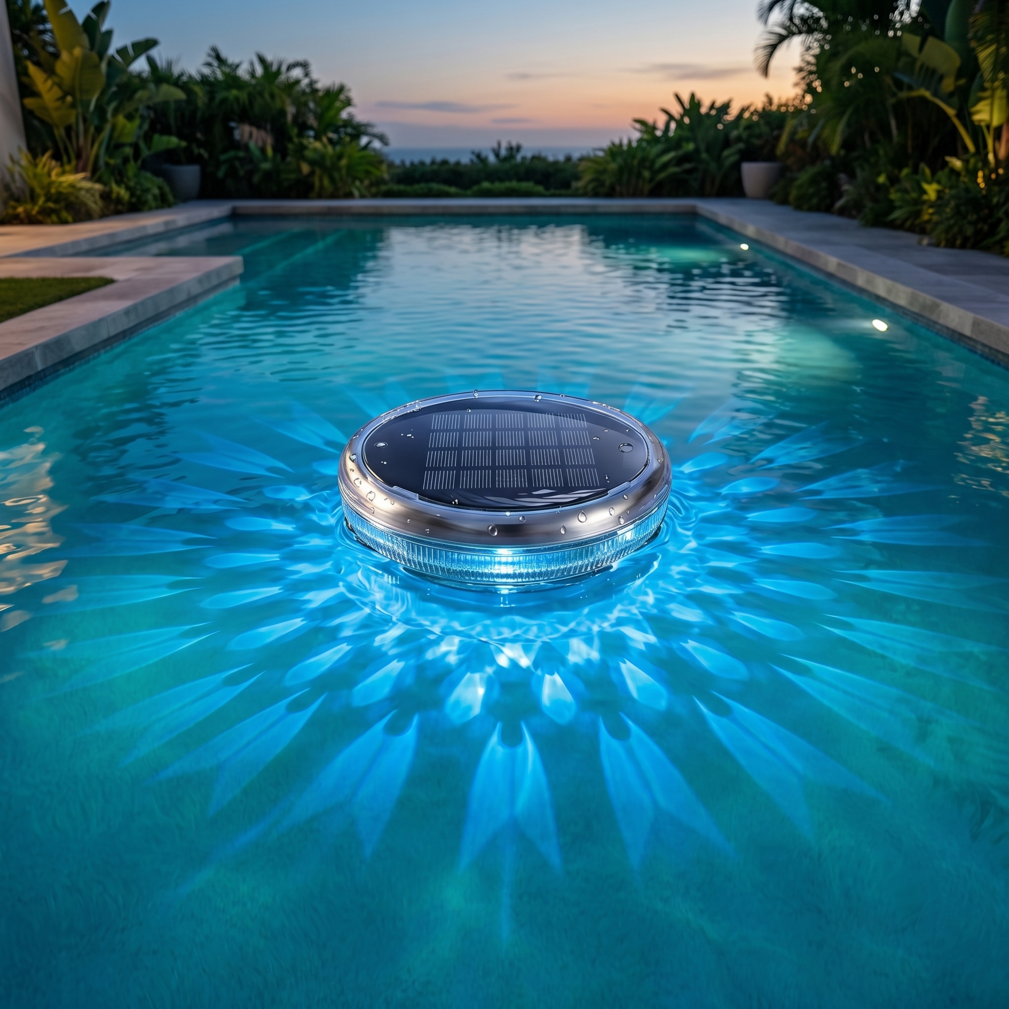 A single solar floating pool light glowing blue in a turquoise pool at dusk
