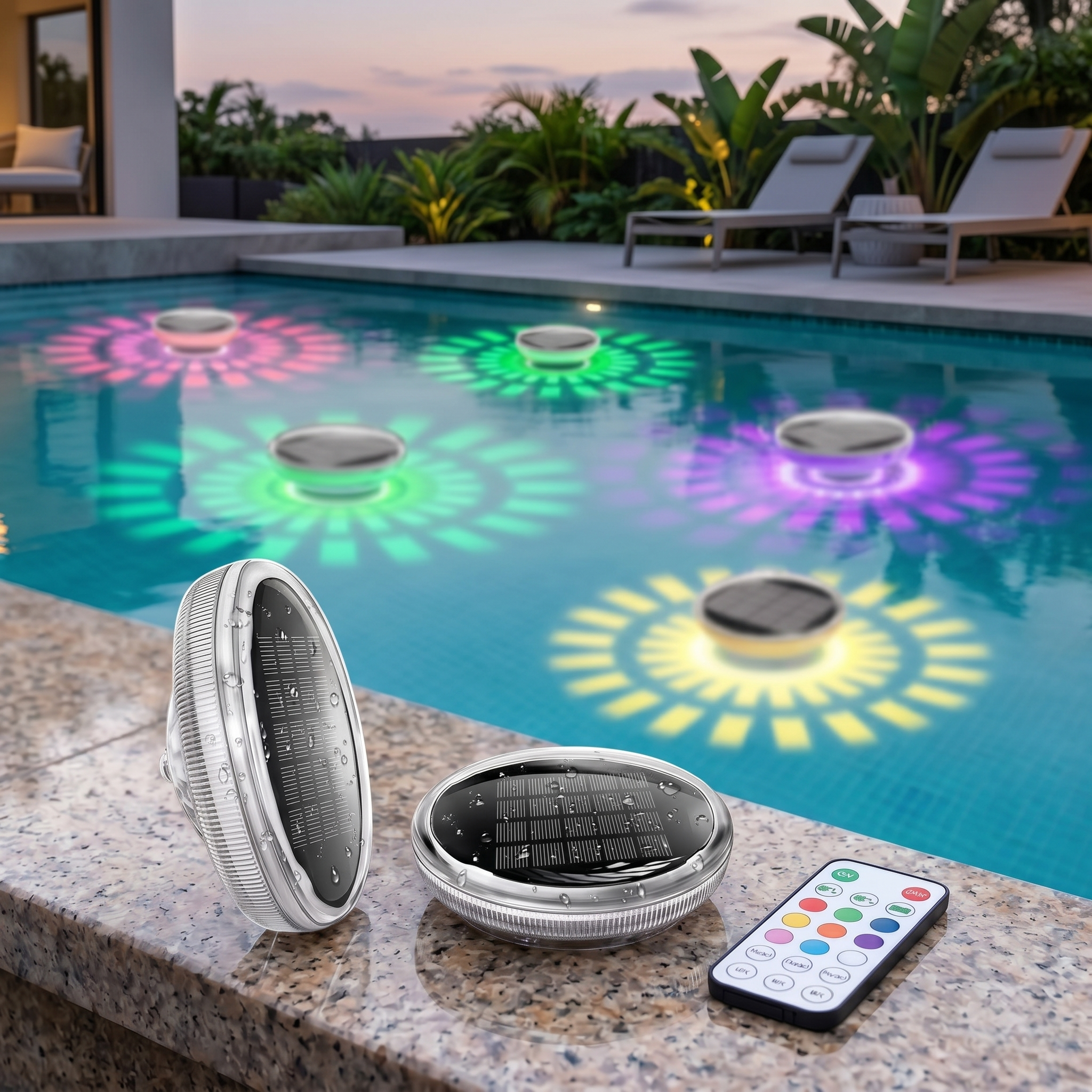 Solar floating pool lights and remote on the pool edge with glowing lights in the water