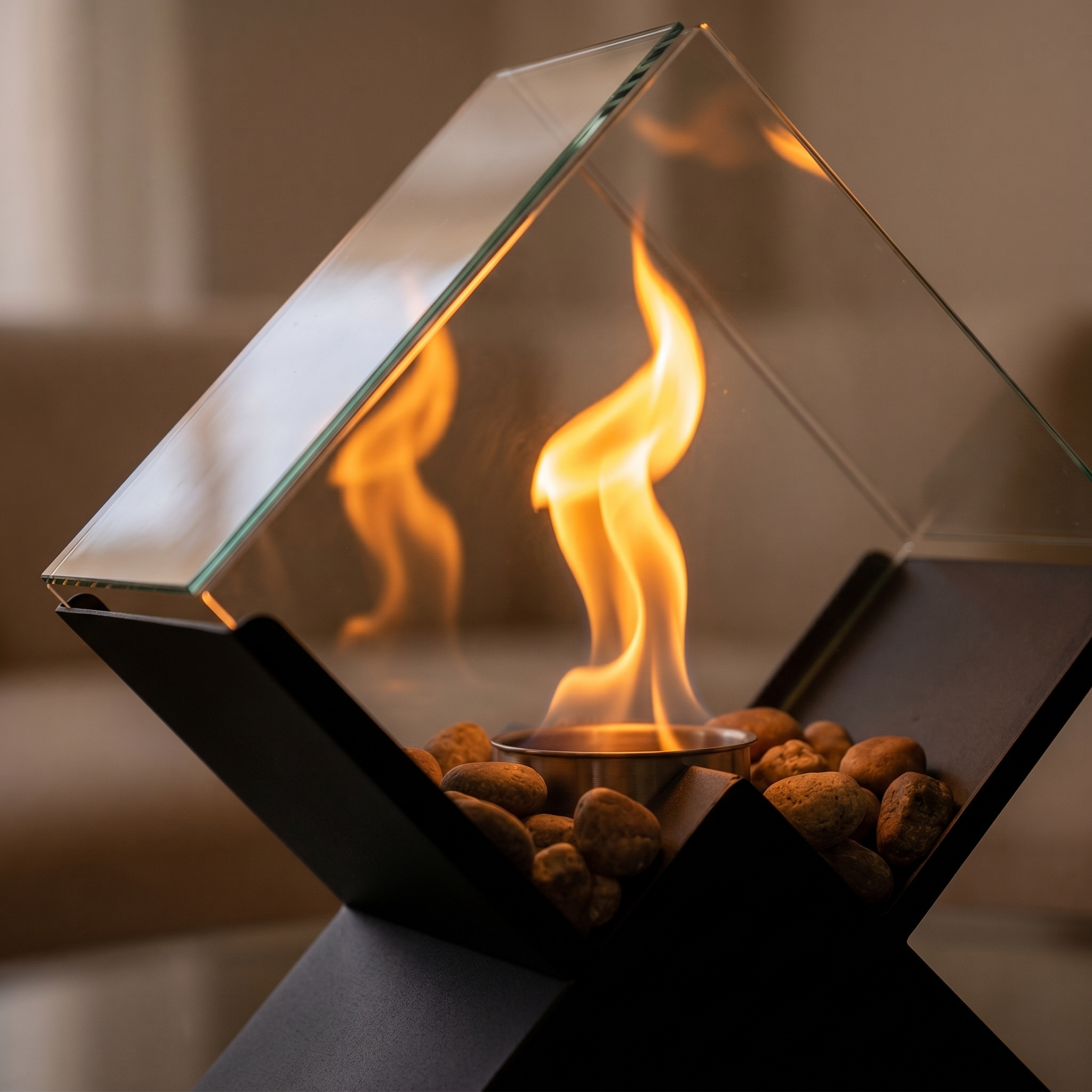 Close-up of the warm flame and pebbles inside the glass tabletop fire pit