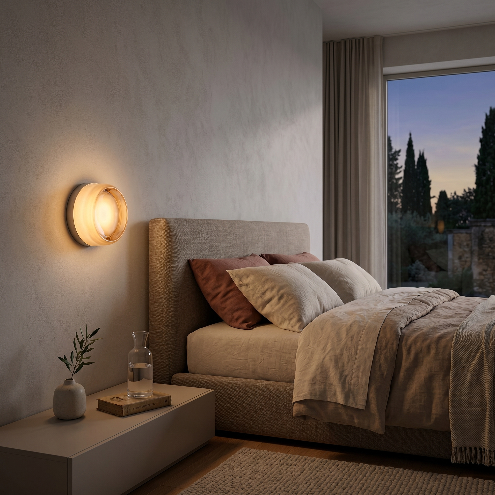 Amber frosted glass wall sconce glowing beside a modern bed at dusk