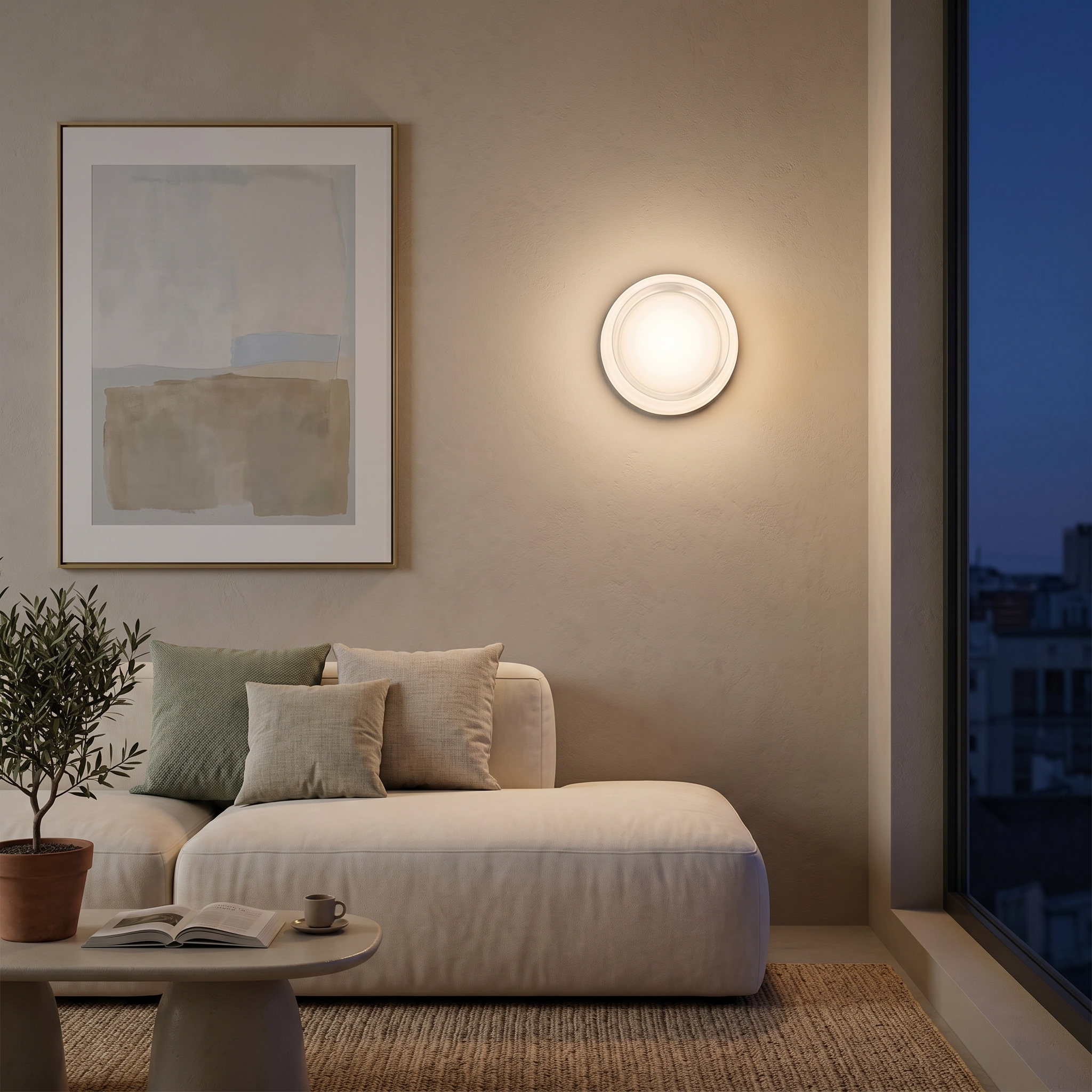 White frosted glass wall sconce on a living room wall at dusk