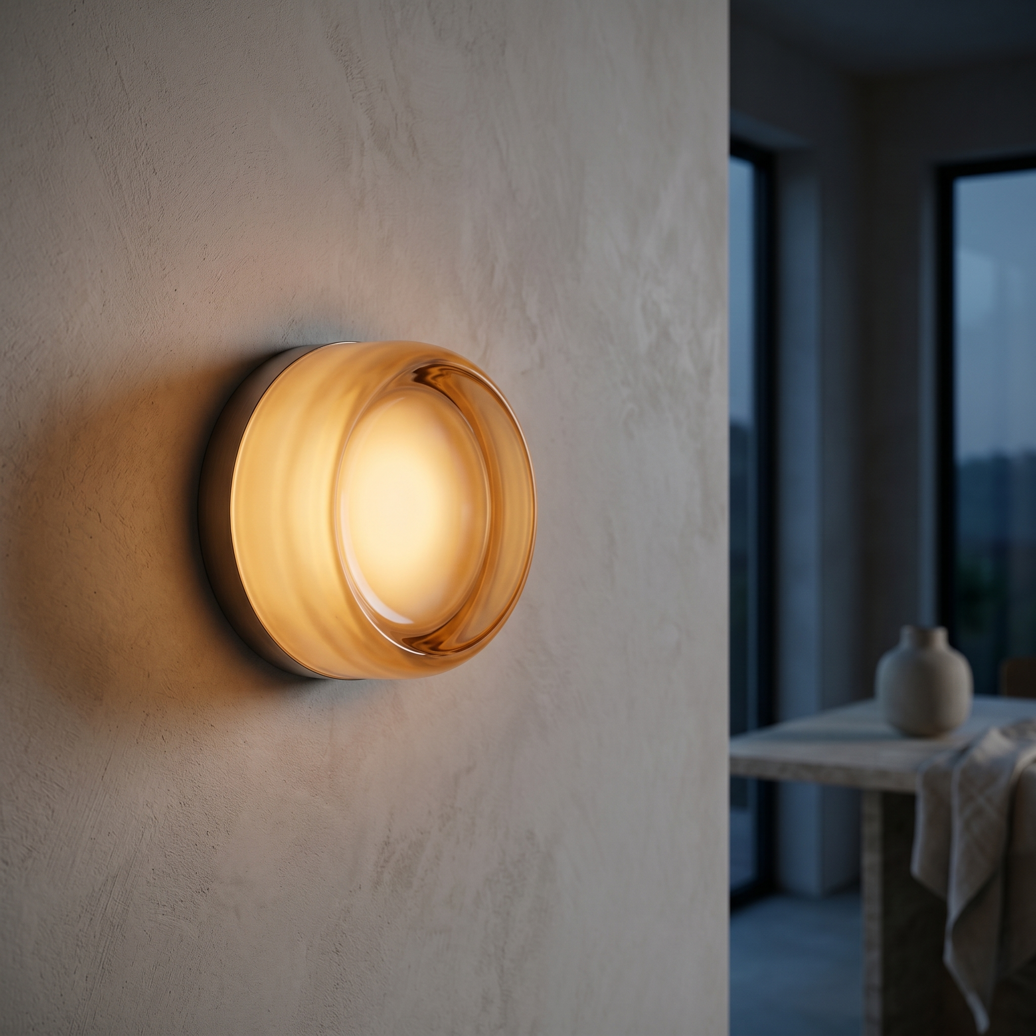 Luce Velata frosted glass wall sconce glowing warm on a plaster wall in a modern Italian interior