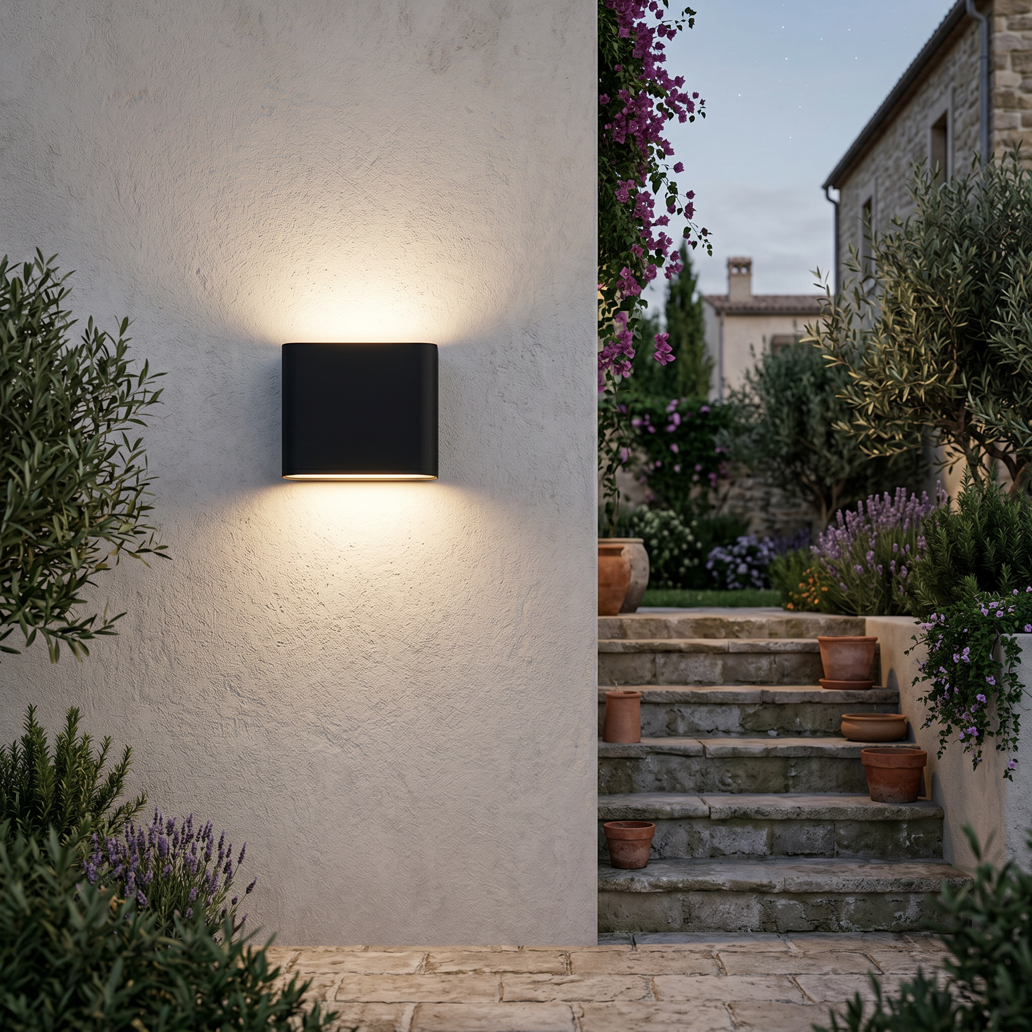 Black outdoor wall light on a garden courtyard wall at dusk